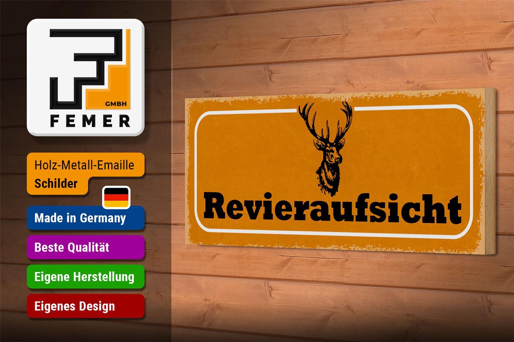 Femer GmbH Holzbild Hinweis 27x10cm Revieraufsicht Jagd, Camping Sport Hobby Freizeit, Sprüche Zitate Lustiges (1 St), Glatte Holzfaserplatte (MDF), vorn beschichtet