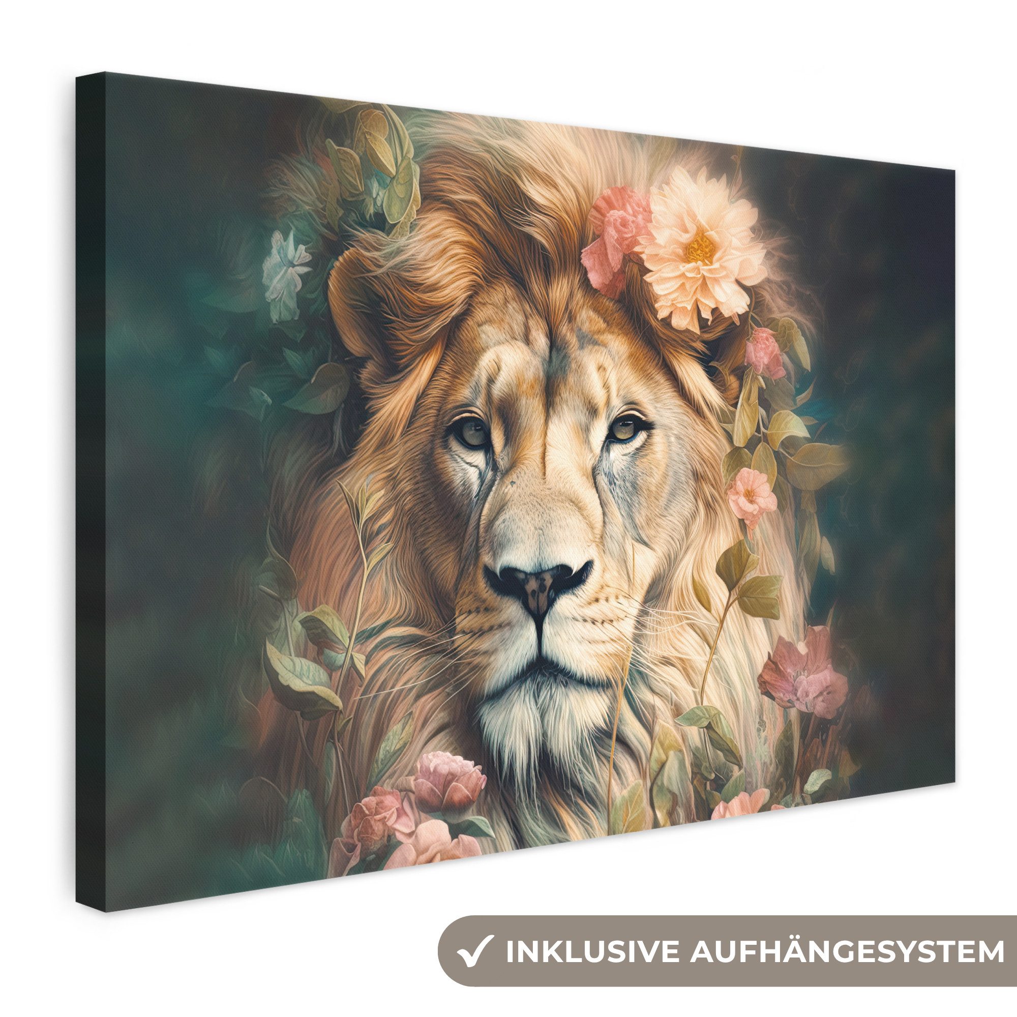 OneMillionCanvasses® Leinwandbild Löwe - Löwenkopf - Wilde Tiere - Blumen, Fotodruck (1 St), Leinwand Bilder Klein, Wand Dekoration Aesthetic 30x20 cm