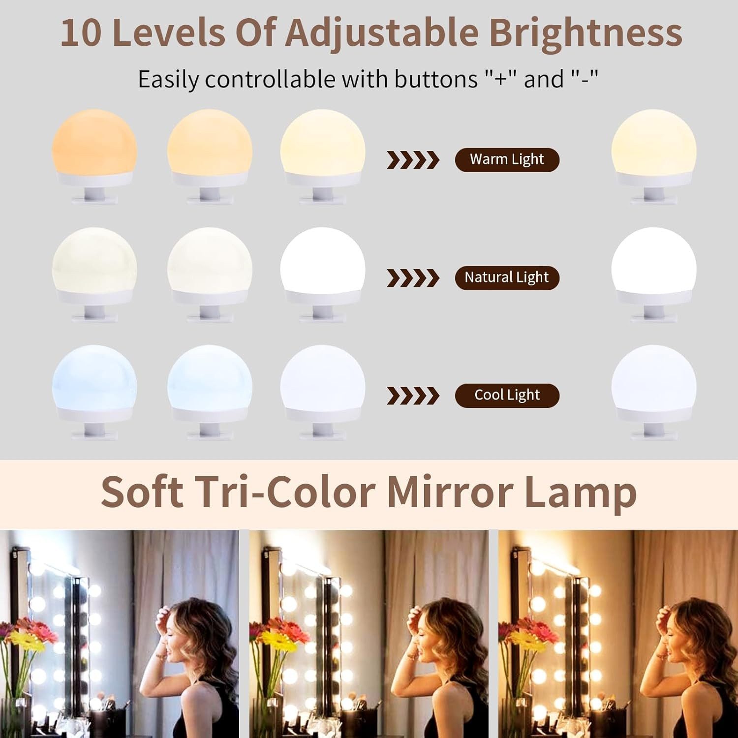 FELIXLEO Schminkspiegel 10 LED Spiegelleuchte 3 Farbe Hollywood Schminklicht Spiegellampe – Bild 2 von 5