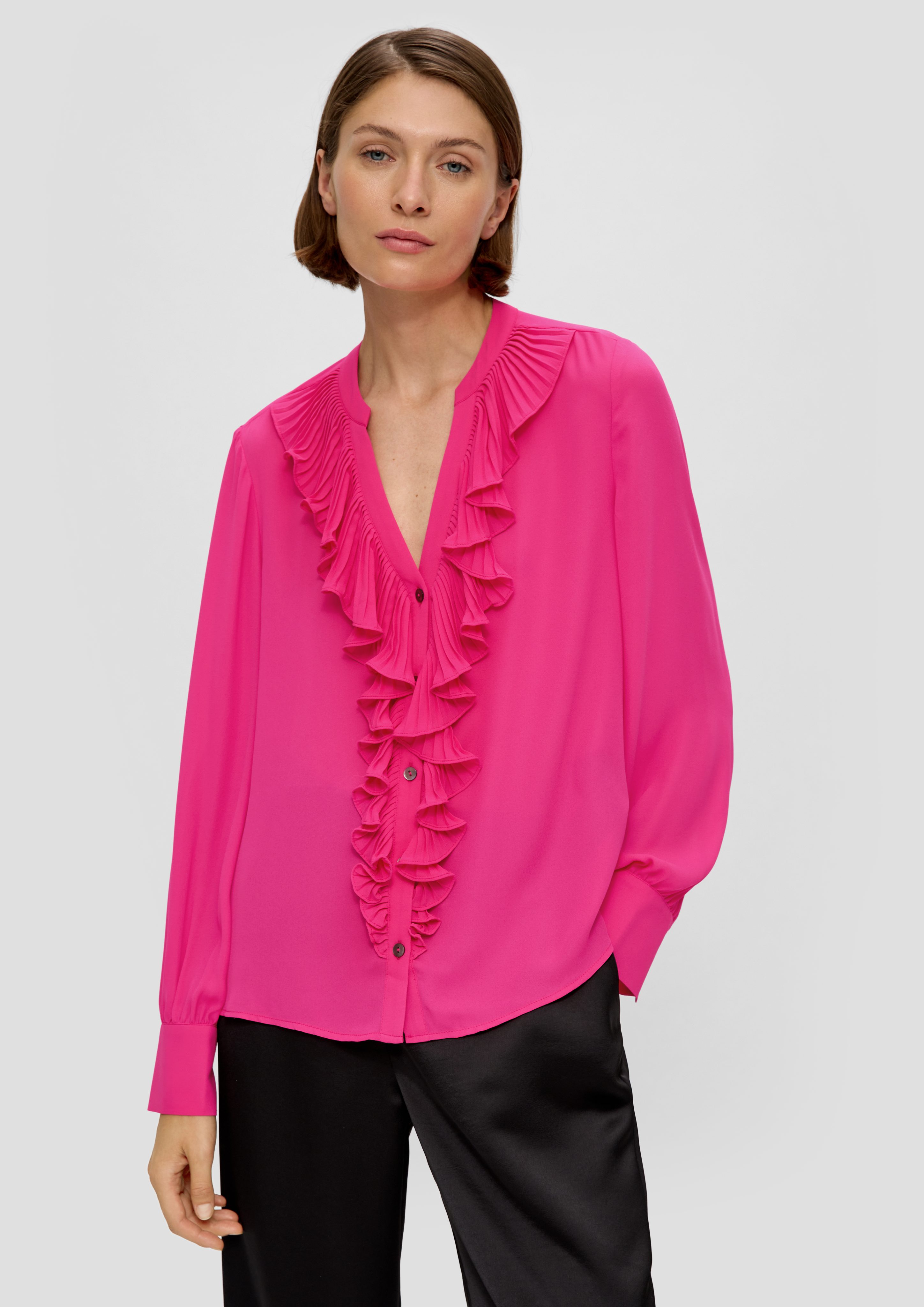 s.Oliver BLACK LABEL Langarmbluse Crêpe-Bluse mit plissierten Volants Volants pink