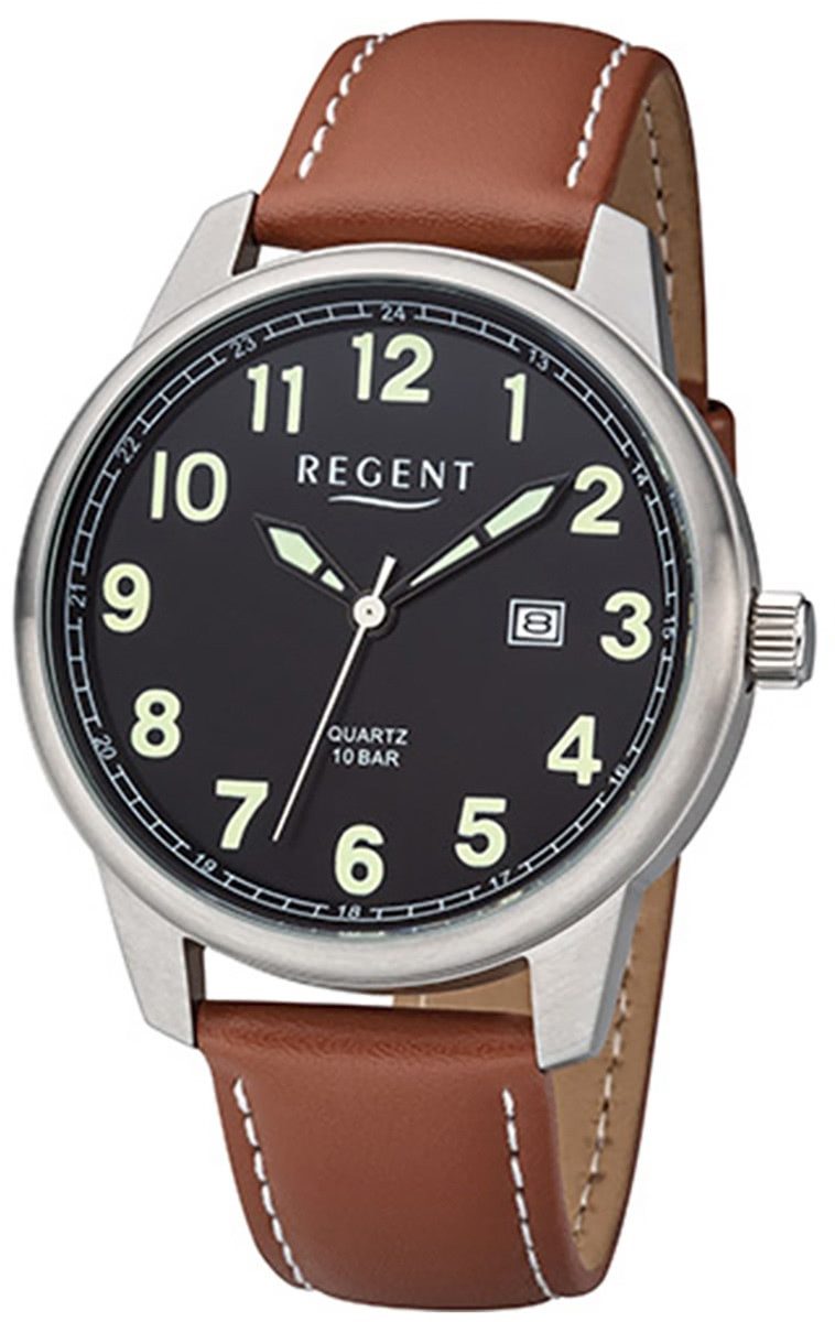 Regent Quarzuhr Regent Herren Uhr F-1239 Leder Quarz, (Analoguhr), Herren Armbanduhr rund, groß (ca. 41mm), Lederarmband
