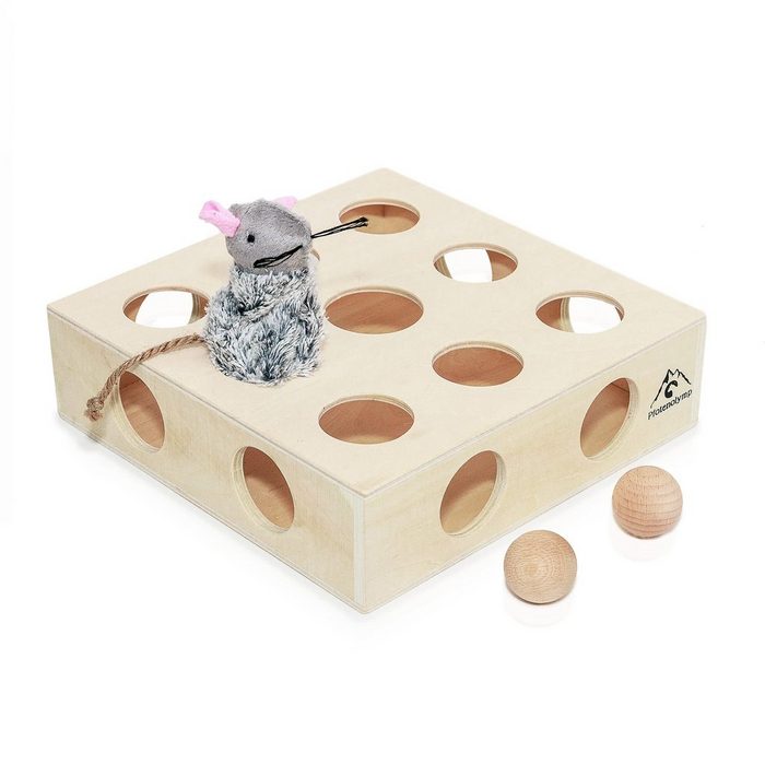 Pfotenolymp Tier-Beschäftigungsspielzeug Interaktives Katzenspielzeug mit Bällen & Maus - Holzspielzeug Sperrholz