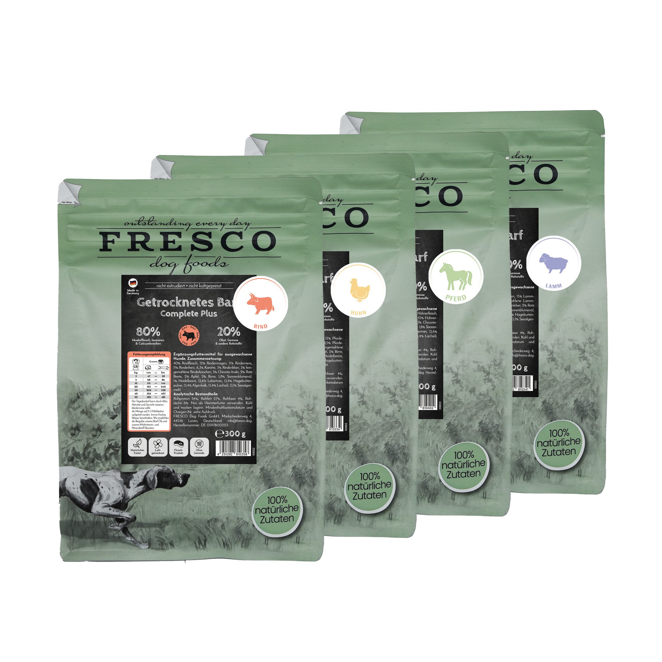 Fresco Dog TrockenBarf PROBIERPAKET Hundefutter Trocken, 4 x 300g, Trockenfutter für: Hunde, Getreidefrei mit je 80% Pferd, Huhn, Rind oder Lamm