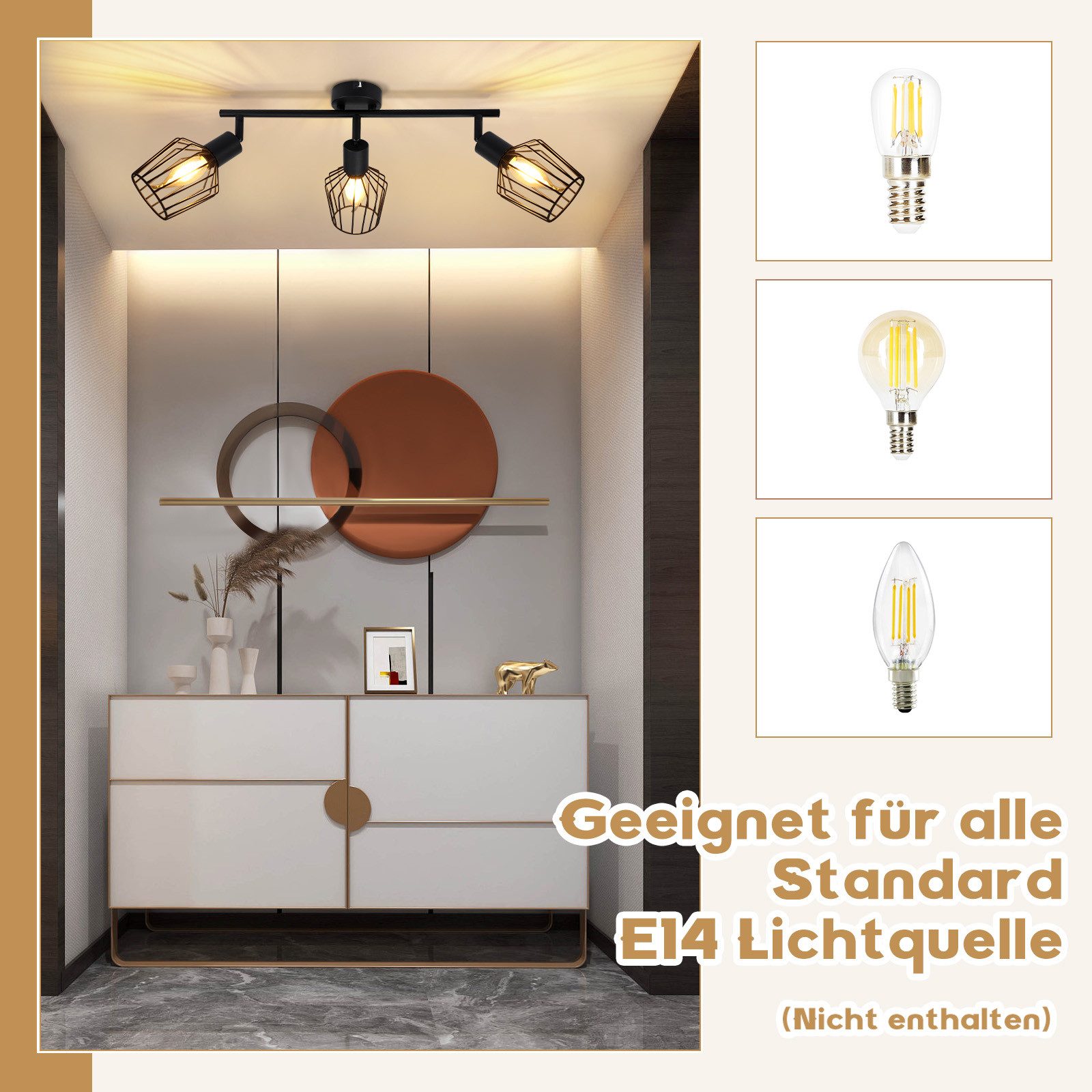 Nettlife Deckenstrahler Vintage Schwarz/Weiß E14 1/2/3/4/6 Flamming Industrial, Drehbar 350°, LED wechselbar, für Flur Küchen Schlafzimmer, Wohnzimmer, Esszimme – Bild 3 von 5