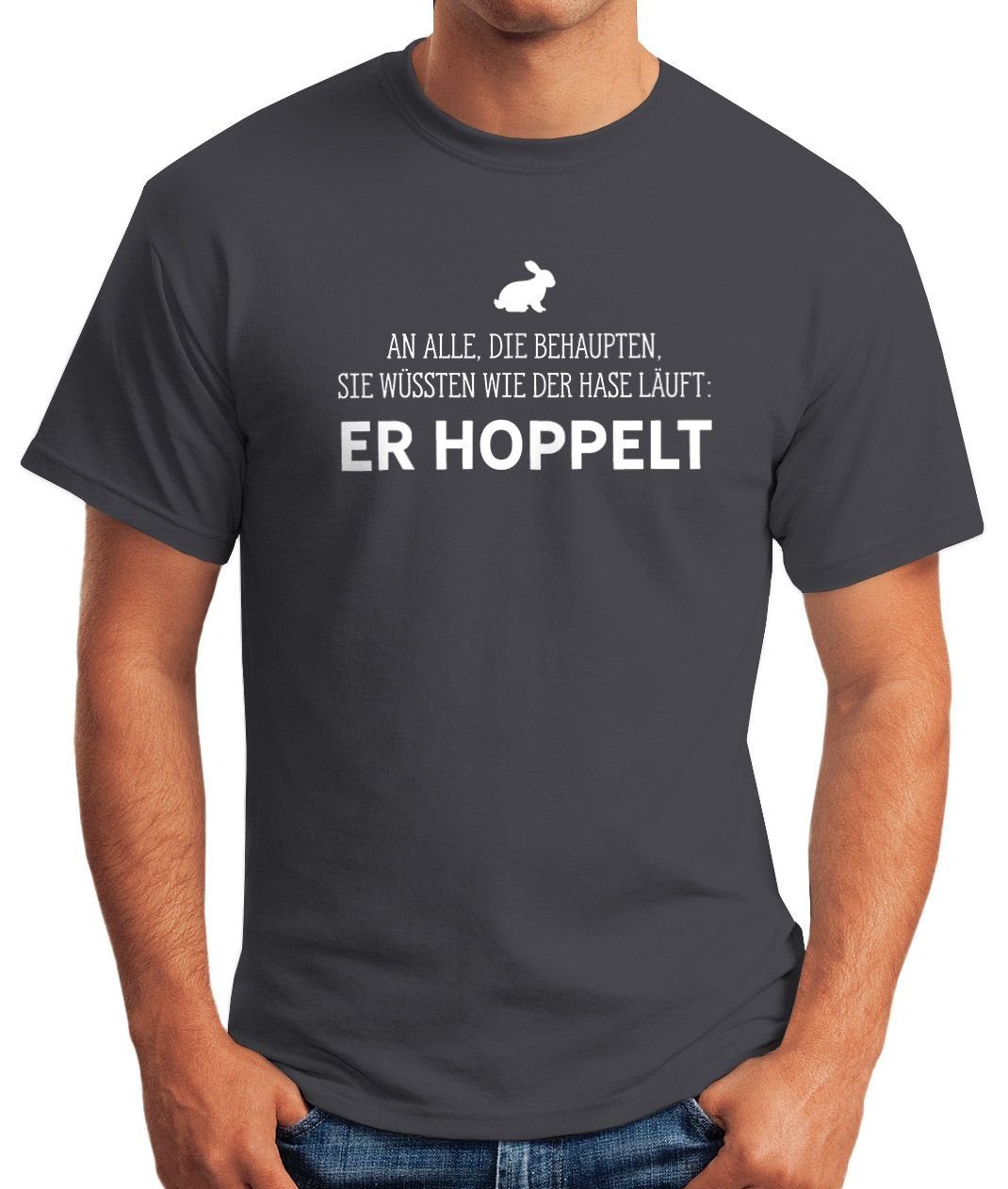 er Fun-Shirt Print-Shirt die läuft alle wissen mit an Moonworks® Hase lustig MoonWorks T-Shirt - Spruch der wie hoppelt grau Print Herren