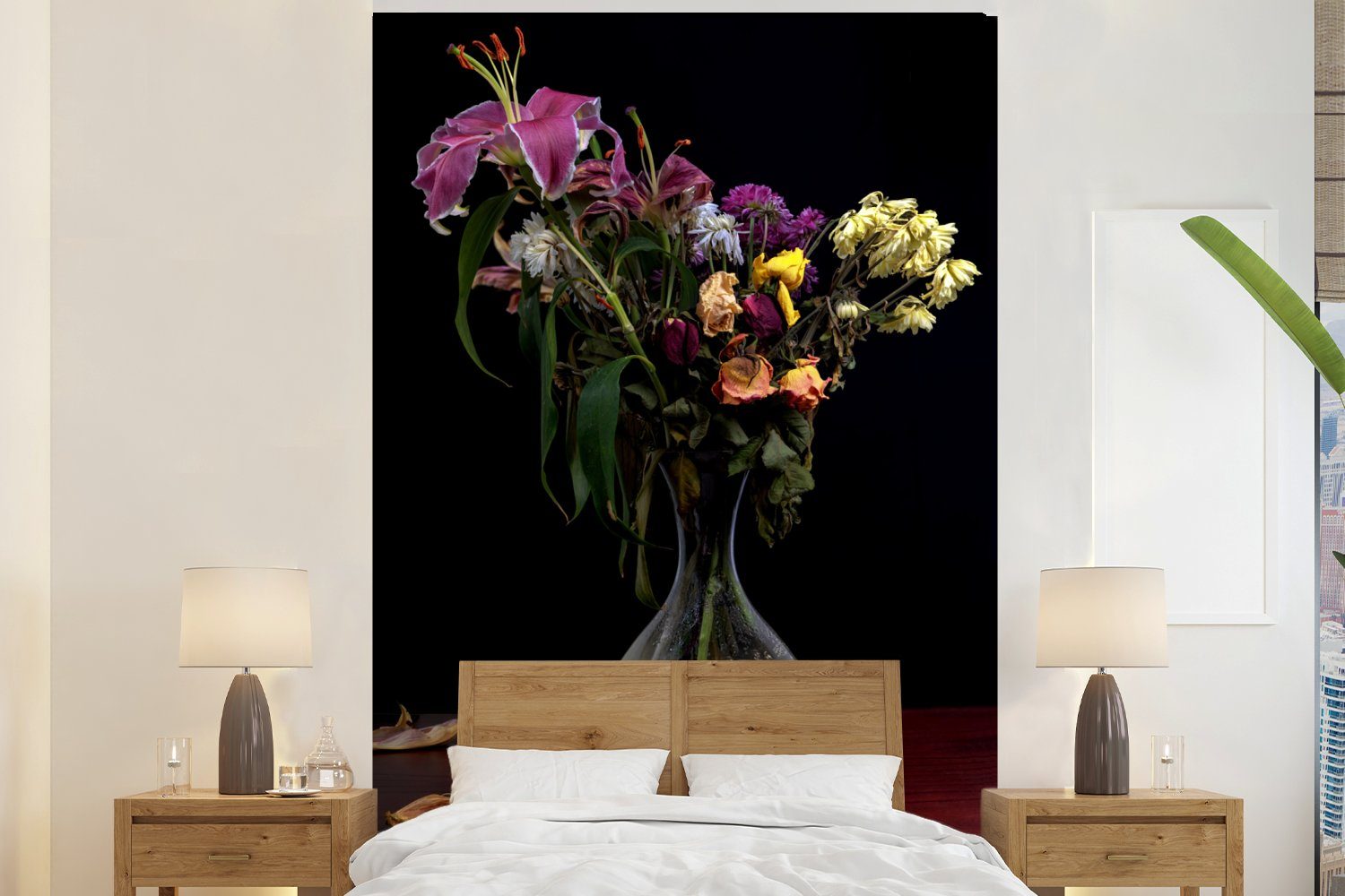 MuchoWow Fototapete Verwelkt - Blumen - Stilleben, Matt, bedruckt, (3 St), Montagefertig Vinyl Tapete für Wohnzimmer, Wandtapete