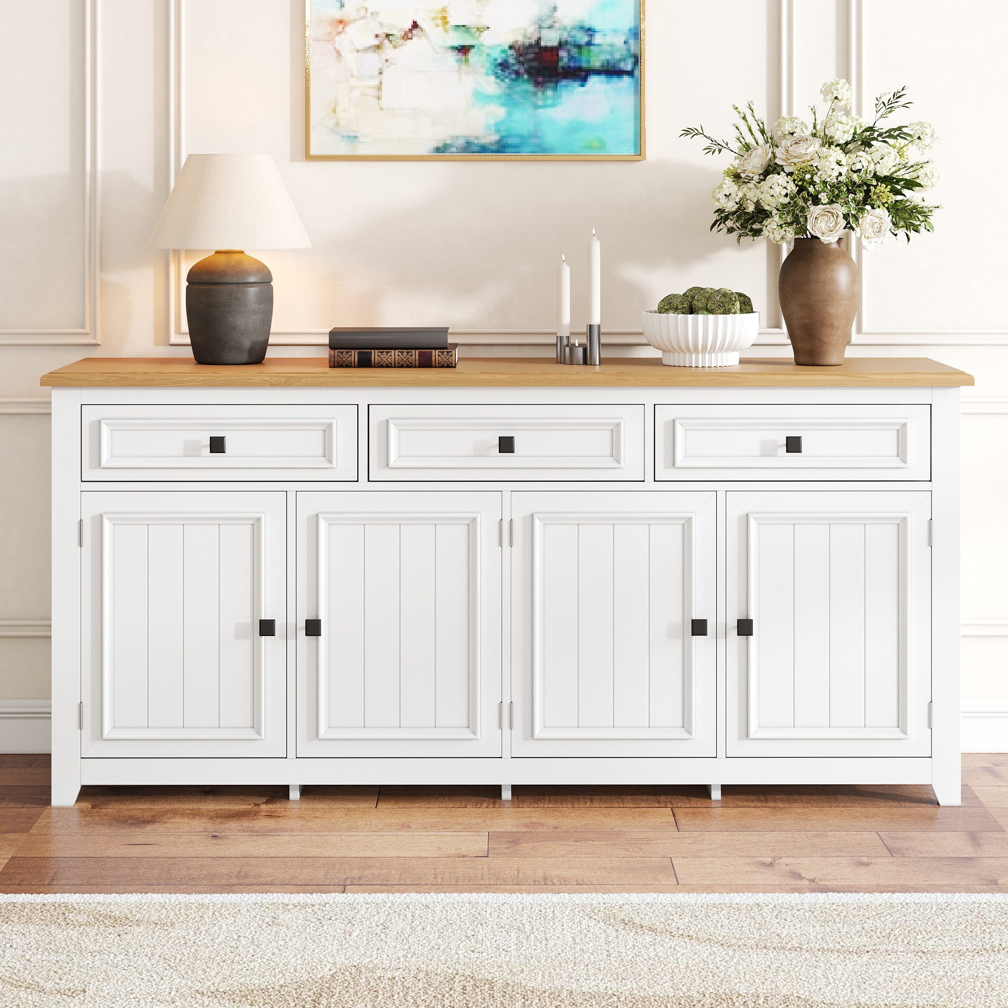 Merax Sideboard mit großzügigem Stauraum, Anrichte im modernen Minimalismus (160x35x76cm, 1 St), Kommode mit 3 Schubladen, 4 Türen & verstellbaren Einlegeböden