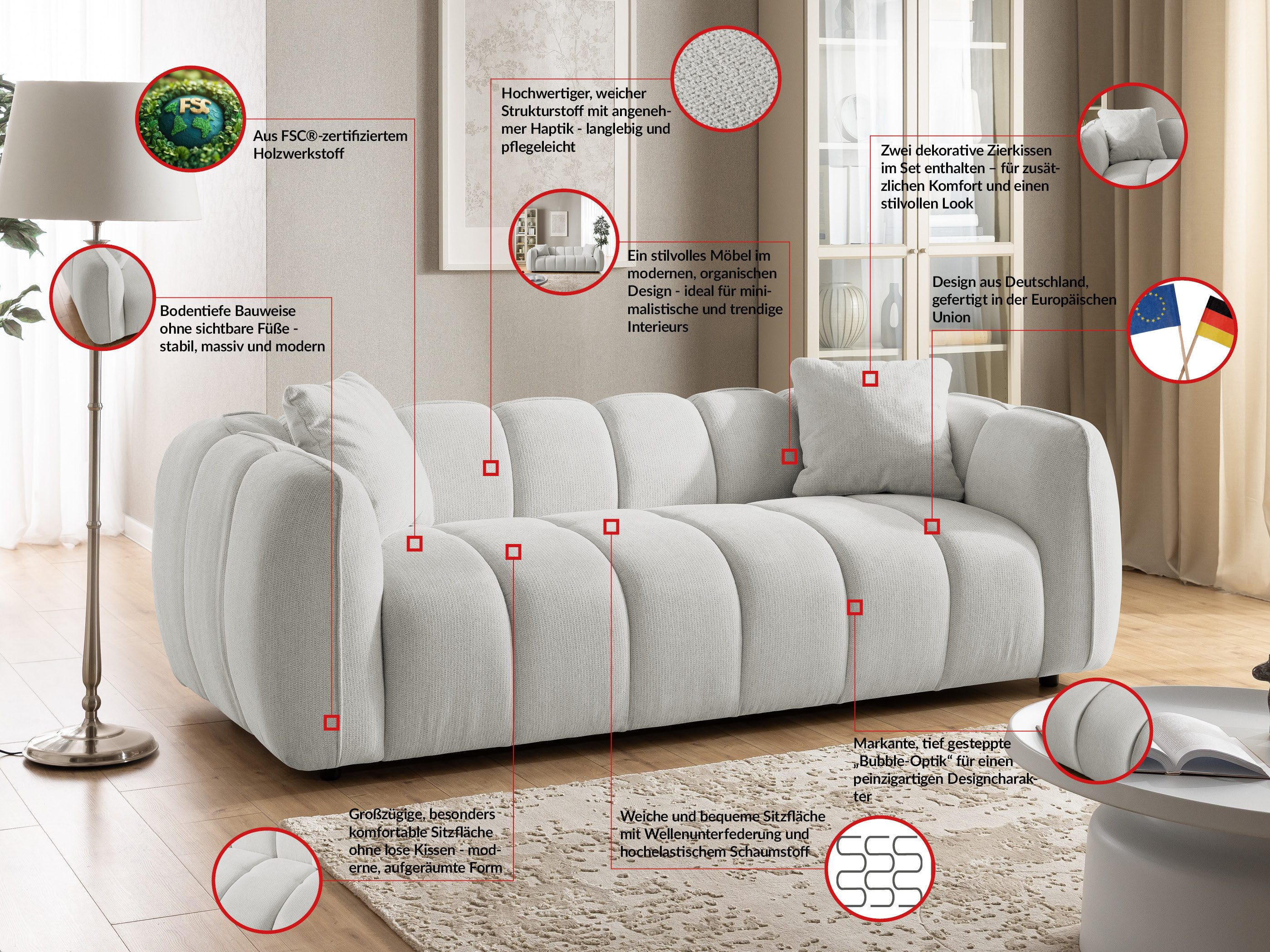 S-Style Möbel Polstergarnitur 3+2+1 Nubira in tief gesteppter Bubble-Optik aus Strukturstoff, mit modernem Design und Wellenfederung – Bild 5 von 5