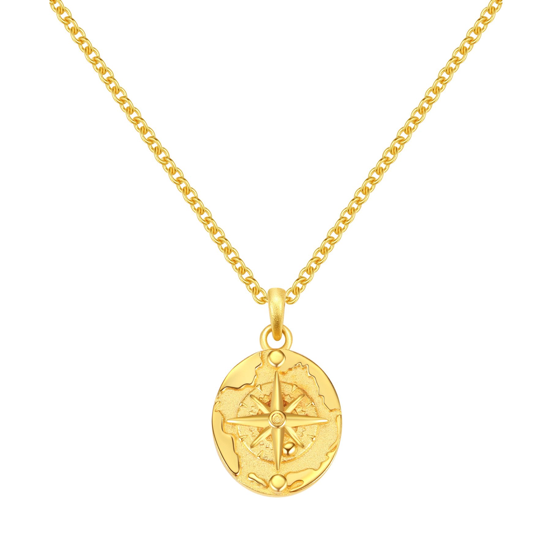 Hey Happiness Statementkette 'Entdecker' Halskette Silber 925 mit Bedeutung, 18K Gold, Filigrane Damenkette Anhänger Platte Kompass, Symbolkette