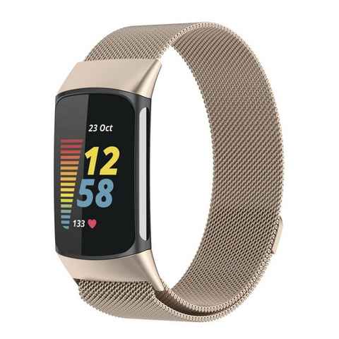 Wigento Smartwatch-Armband Für Fitbit Charge 6 / 5 Metall Stahl Mesh Armband mit Magnetverschluss