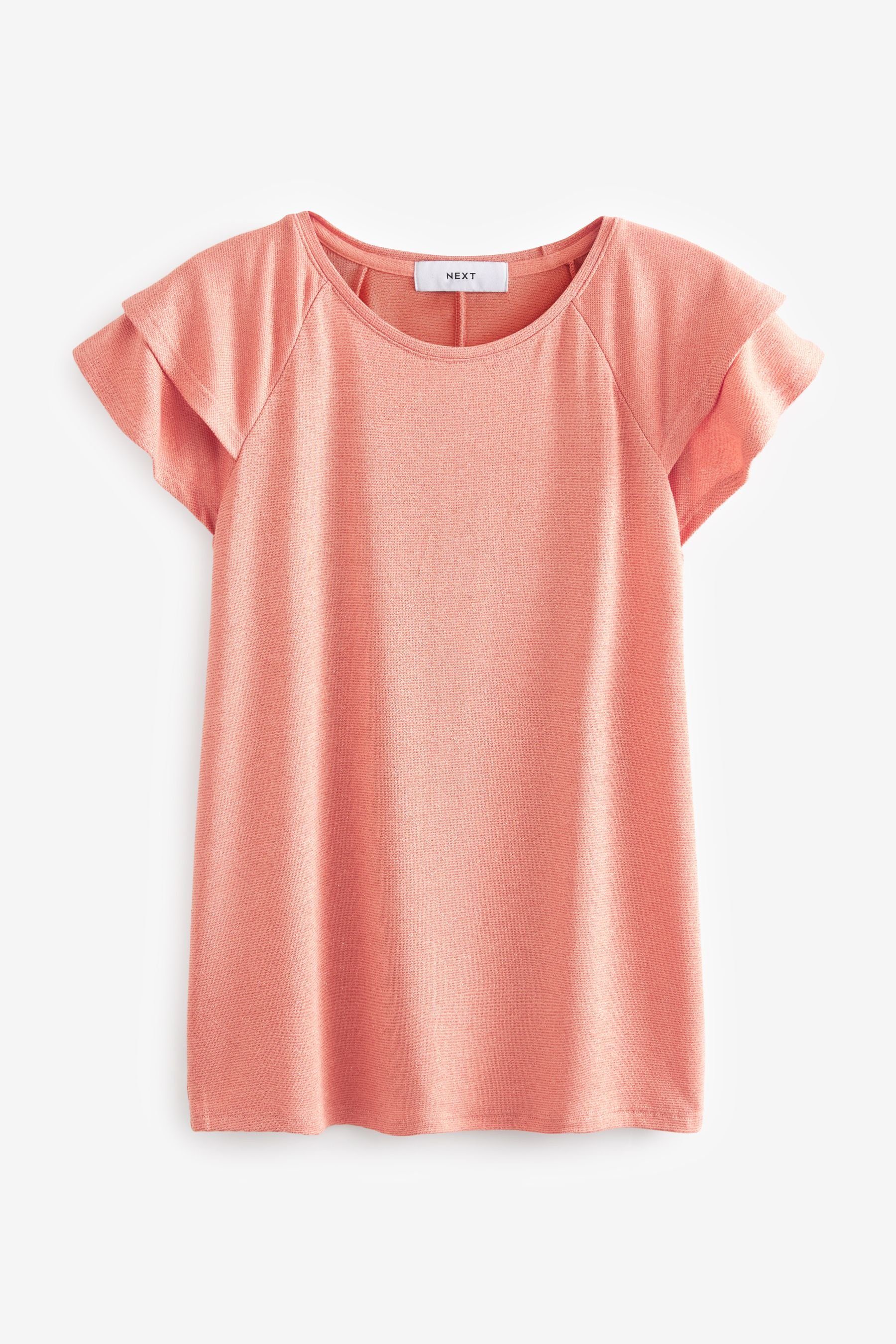 und mit Next (1-tlg) U-Ausschnitt Pink Flatterärmeln T-Shirt T-Shirt Coral kurzen