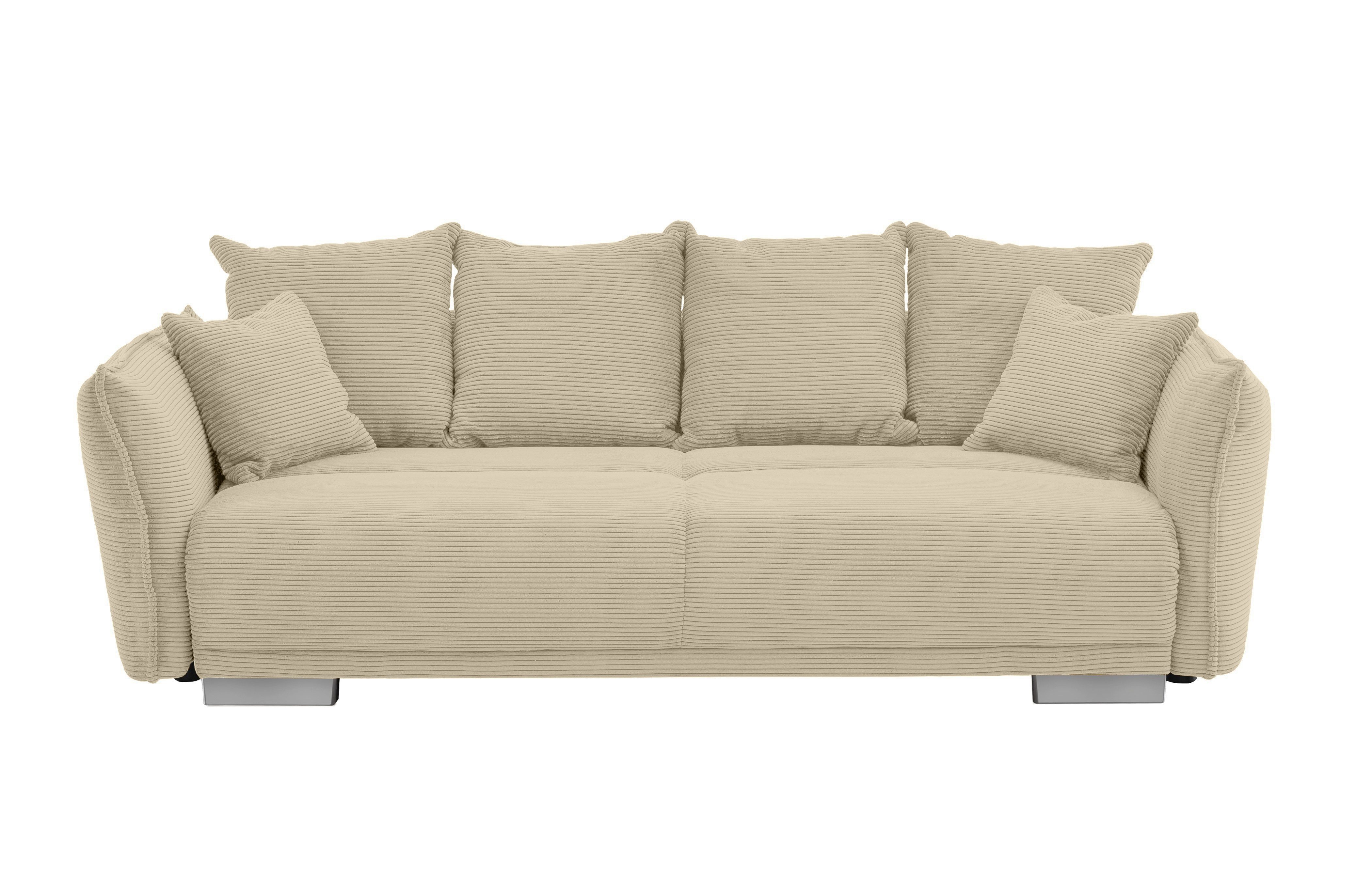 luma-home Big-Sofa 17215, mit Bettfunktion B242/T131/H90 cm, Liegefläche 168x199 cm, rasterlose Armlehnenverstellung, Federkernpolsterung, Wellenunterfederung, Stauraum, Kissen, Bezug Cord Beige Grau
