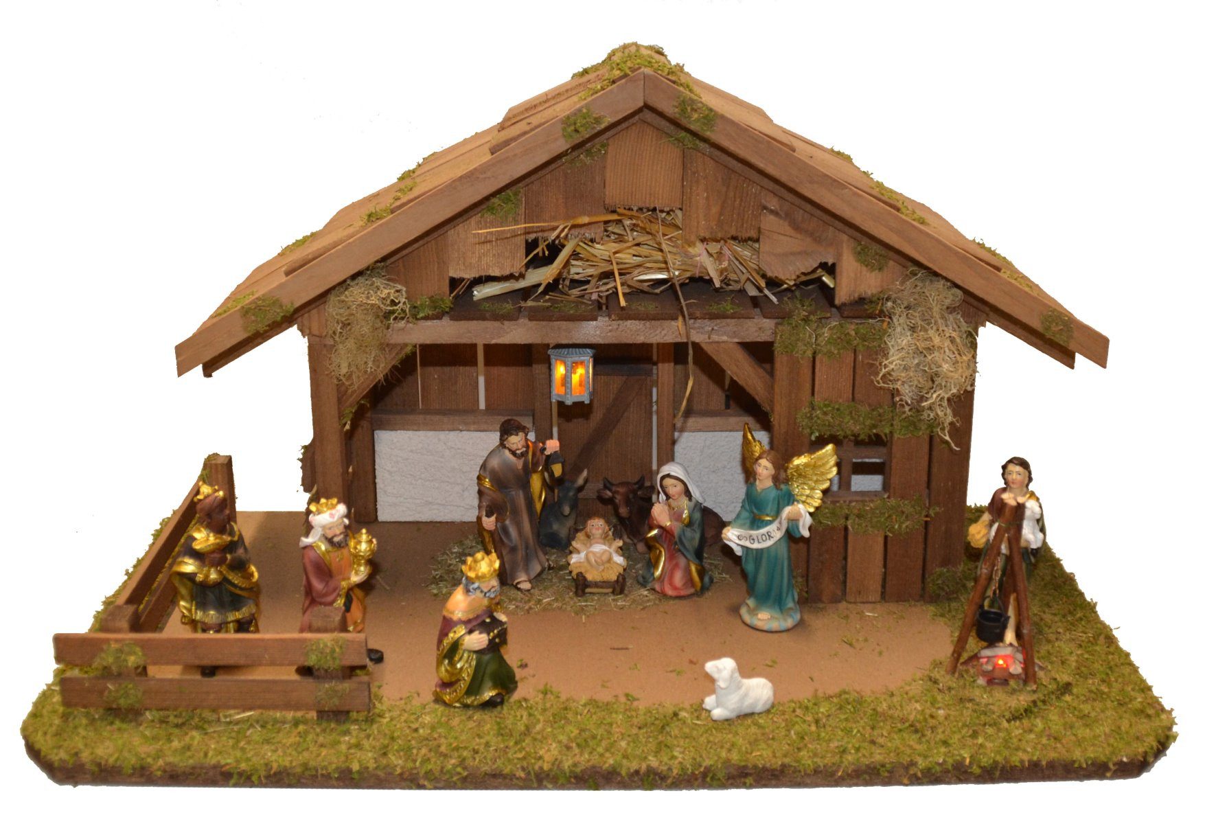 Alfred Kolbe Krippe Krippenstall mit Trafo, mit Laterne, Lagerfeuer, 10,5 cm Figuren 11tlg.