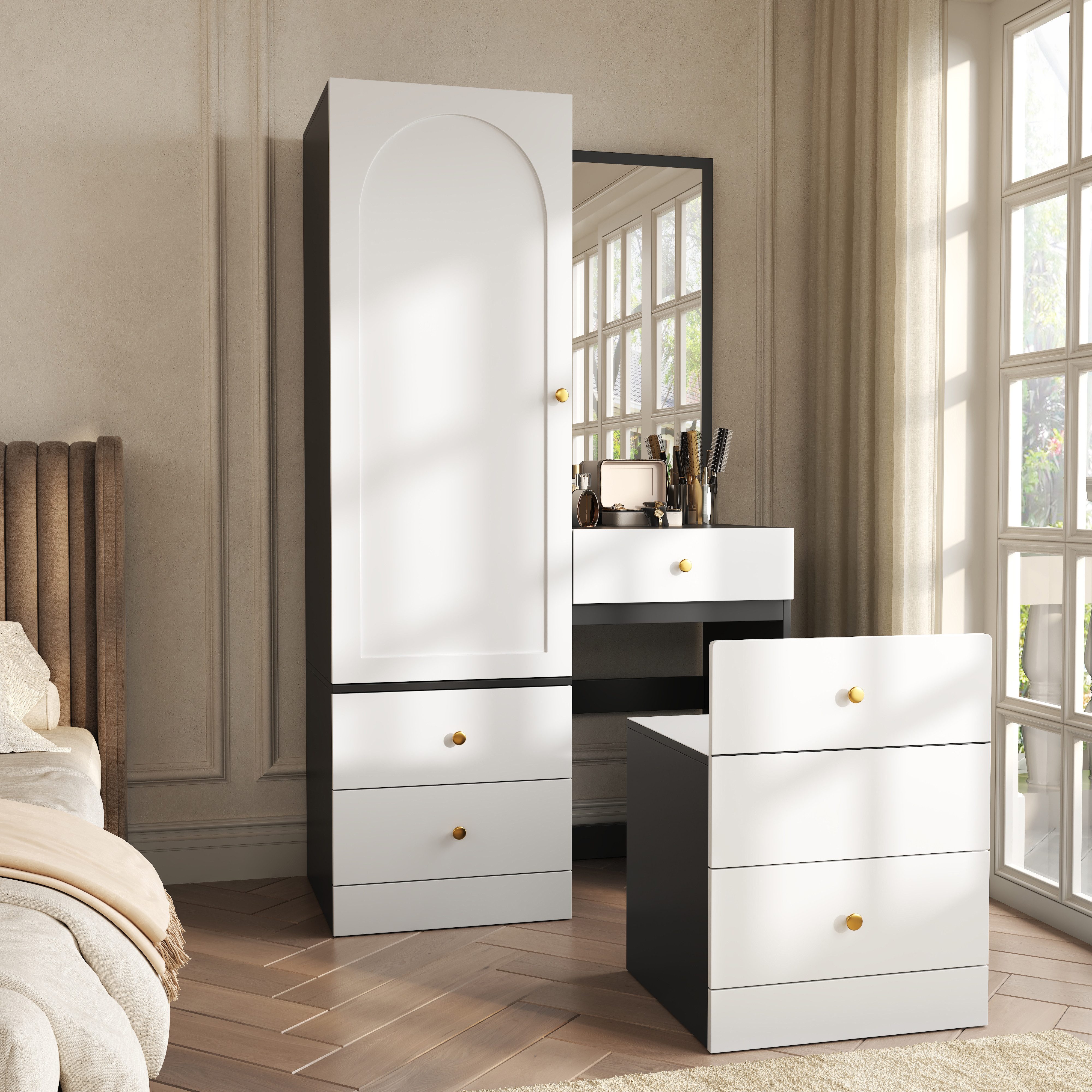 STILVORA Kleiderschrank Multifunktionaler Schminkschrank mit Spiegel Stauraumschrank aus MDF (Hochschrank, Schminkhocker und 4 Schubladen, MDF, Ganzkörperspiegel, Kleiderstange, 6-Fächer-Schublade) für Schlafzimmer, Ankleide, Schminkbereich