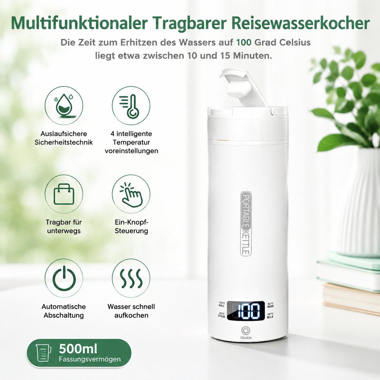 Forrlite Wasserkocher Tragbarer Wasserkocher,Reise-Wasserkocher,Thermobecher,Edelstahl, 300 W, 220V,500ml,Teekanne,Heizbecher,LCD-Temperaturanzeige,Geschenkset – Bild 5 von 5