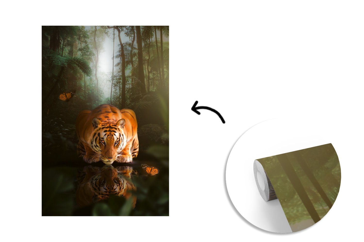 Vinyl Schmetterling, Dschungel Tiger Wasser Tapete (3 - St), bedruckt, Matt, Wohnzimmer, Wandtapete für Montagefertig - MuchoWow Fototapete -