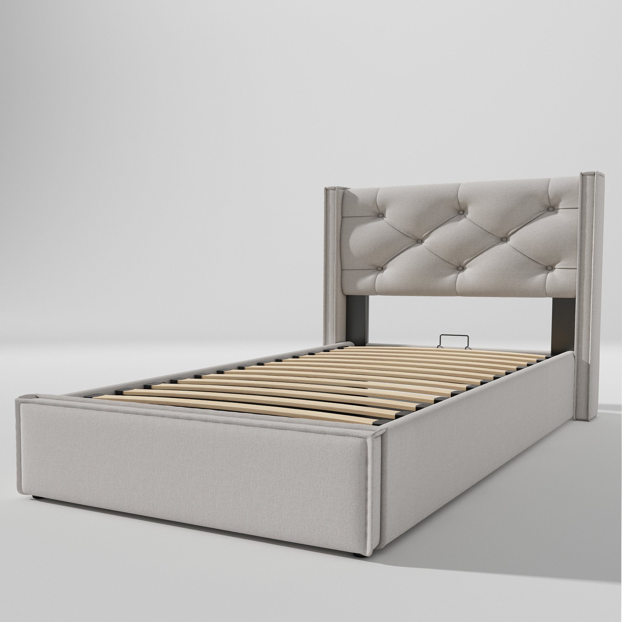 Boxspringbett (Polsterbett Einzelbett 90x200 cm mit edler Knopfheftung), Hydraulisches Funktionsbett mit Bettkasten und Lattenrost, Baumwolle