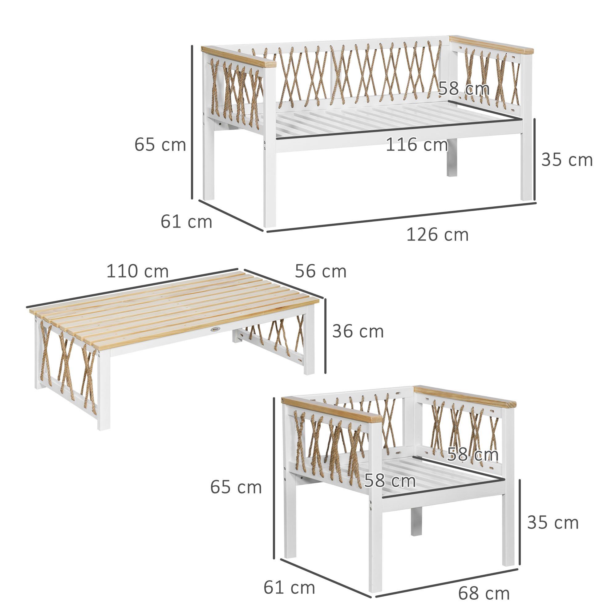 Balkonmöbel-Set), Gartenmöbel-Set Sitzkissen, Sitzgruppe 4-tlg., Doppelsofa, 61x126x65 mit cm mit (Sitzgruppe Outsunny BxLxH: