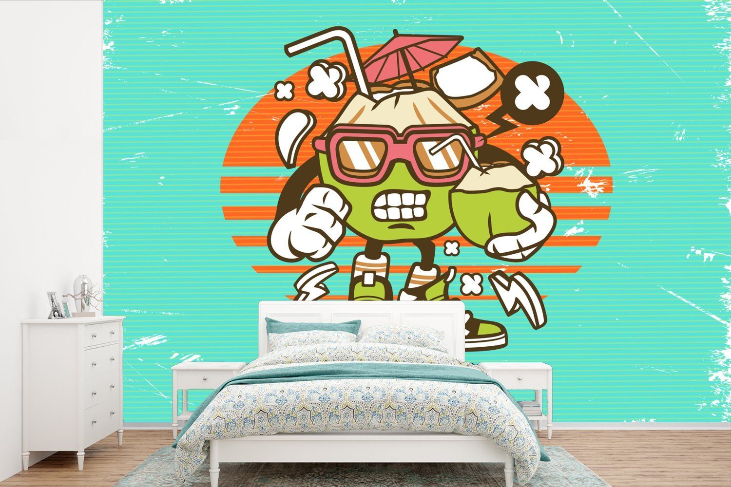 MuchoWow Fototapete Kokosnuss - Gläser - Retro, Matt, bedruckt, (6 St), Wallpaper für Wohnzimmer, Schlafzimmer, Kinderzimmer, Vinyl Tapete