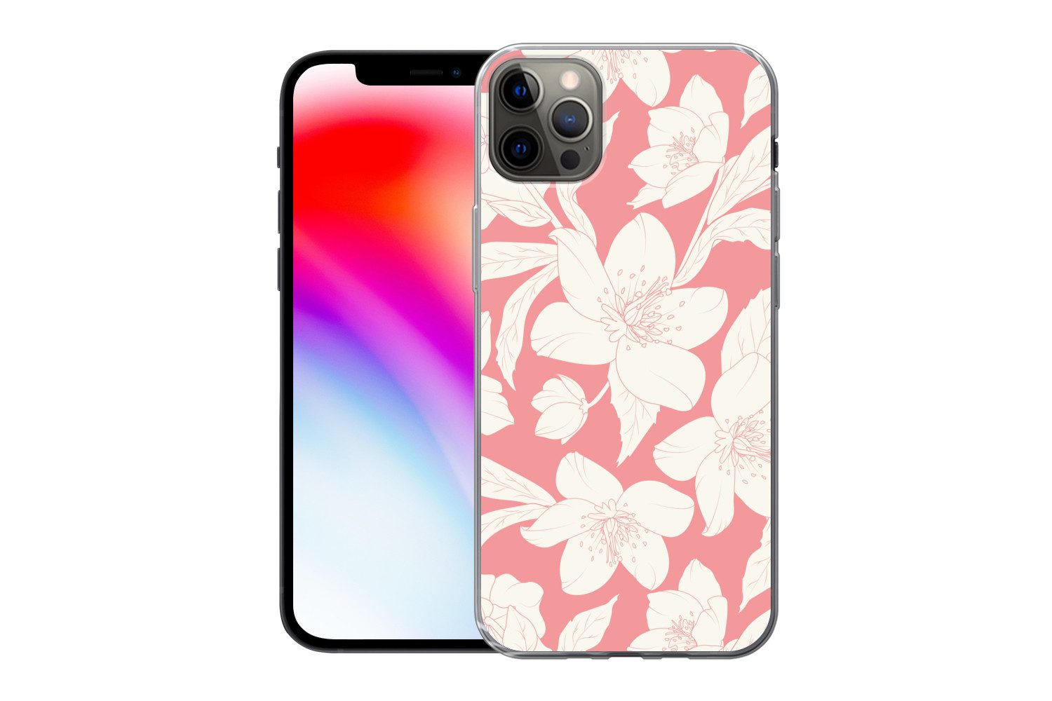 MuchoWow Handyhülle für Apple iPhone 13 Pro Max Blumen - Muster - Rosa - Weiß, Smartphone-Bumper, Print, Handy Schutzhülle Dünn
