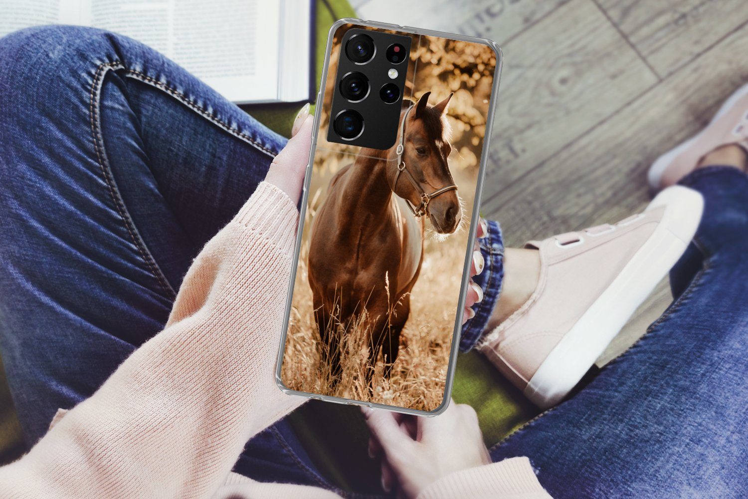 MuchoWow Handyhülle für Samsung Galaxy S21 Ultra Pferd - Sonne - Porträt - Natur - Braun, Phone Case, Silikon, Schutzhülle Dünn