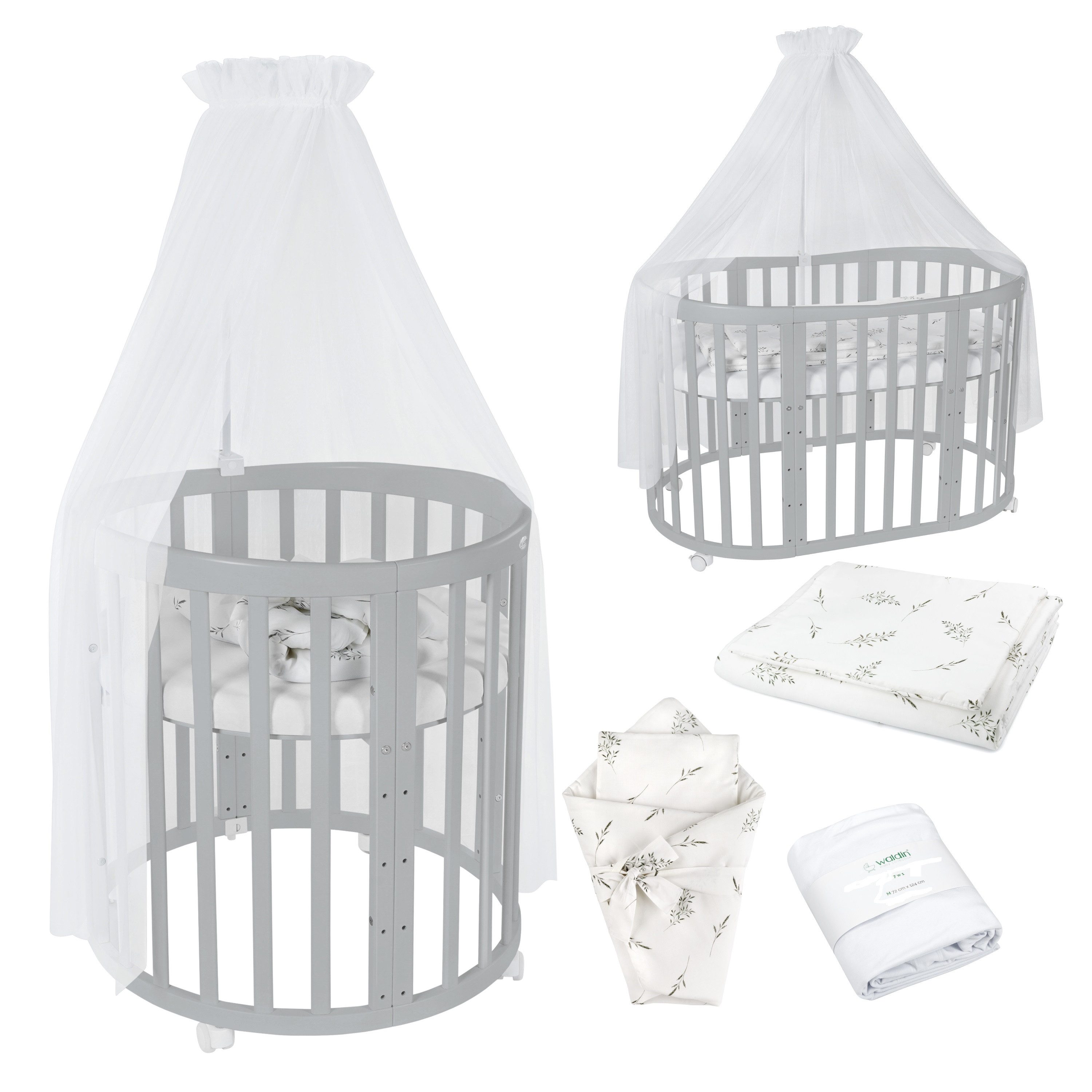 Waldin Babybett Mobiles Babybett OWAL aus Holz 7in1 mit Matratze, mitwachsend