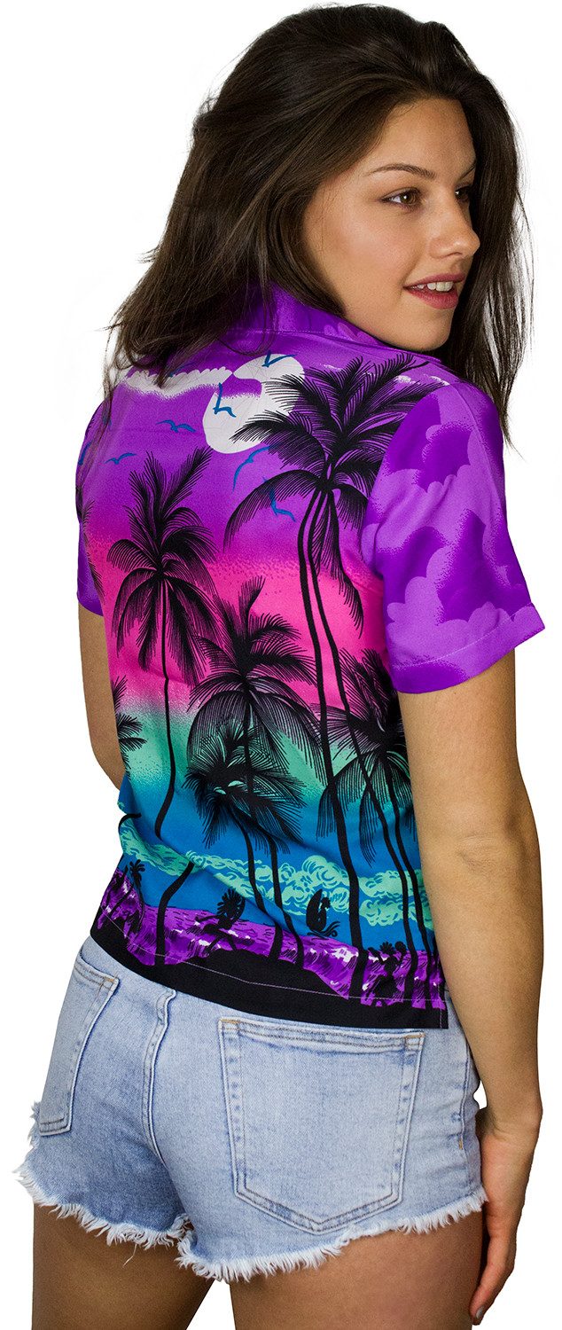 King Kameha Hawaiihemd Beach Funky Hawaiibluse Damen Kurzarm Front-Tasche Stylish