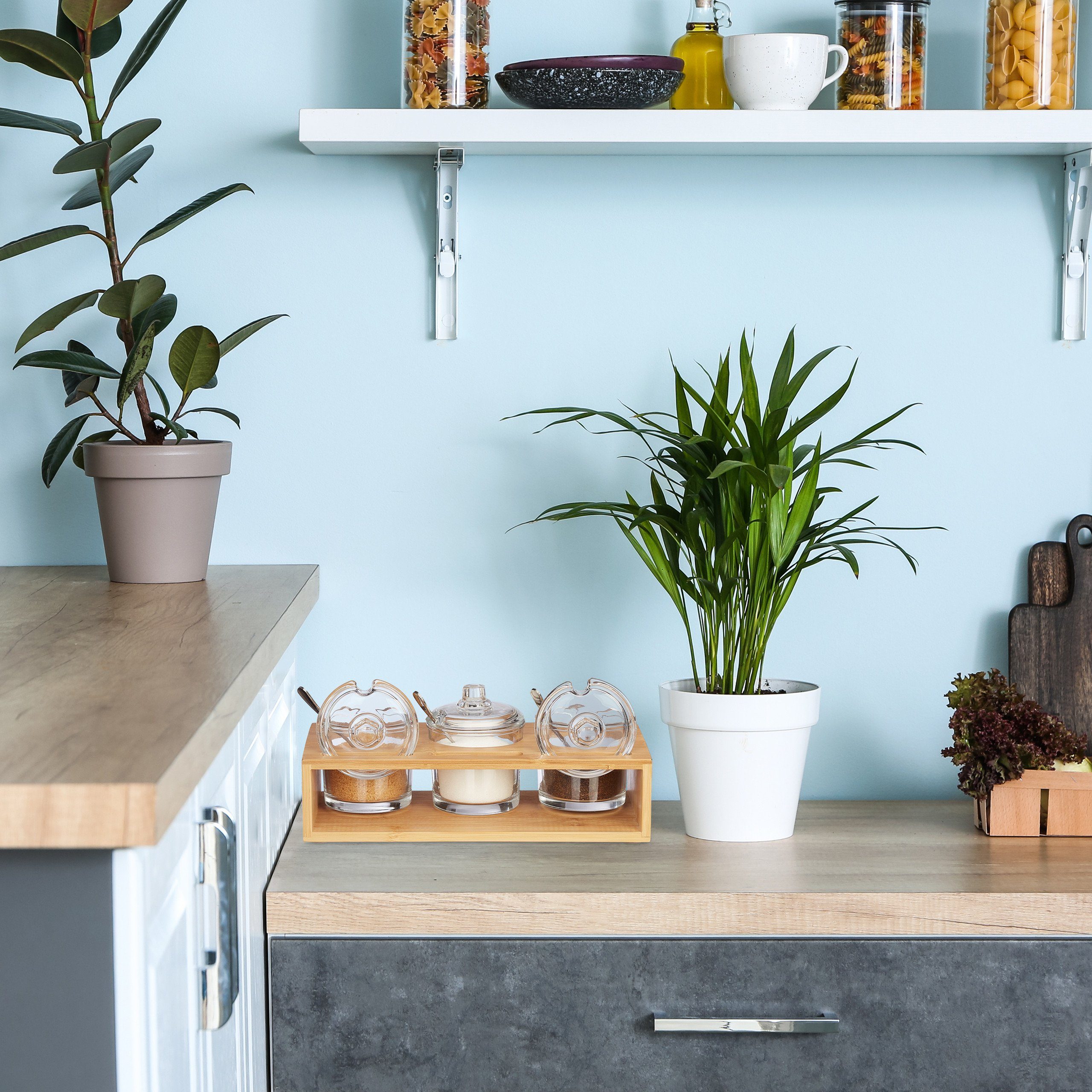 relaxdays Gewürzbehälter 3er Gewürzgläser Set mit Bambushalter, Bambus günstig online kaufen