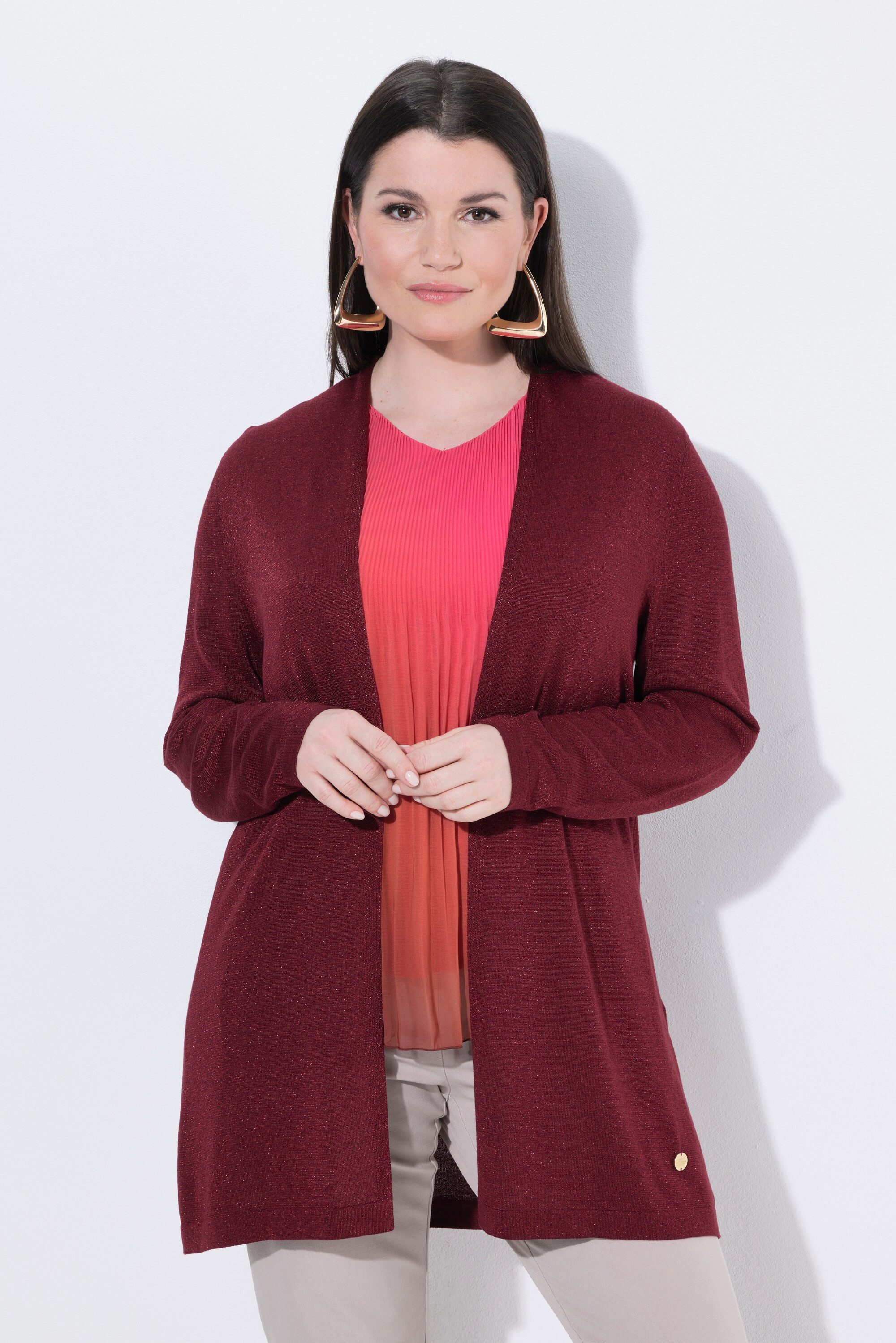 Ulla Popken Strickjacke Long-Strickjacke Glitzereffekt Stehkragen Langarm