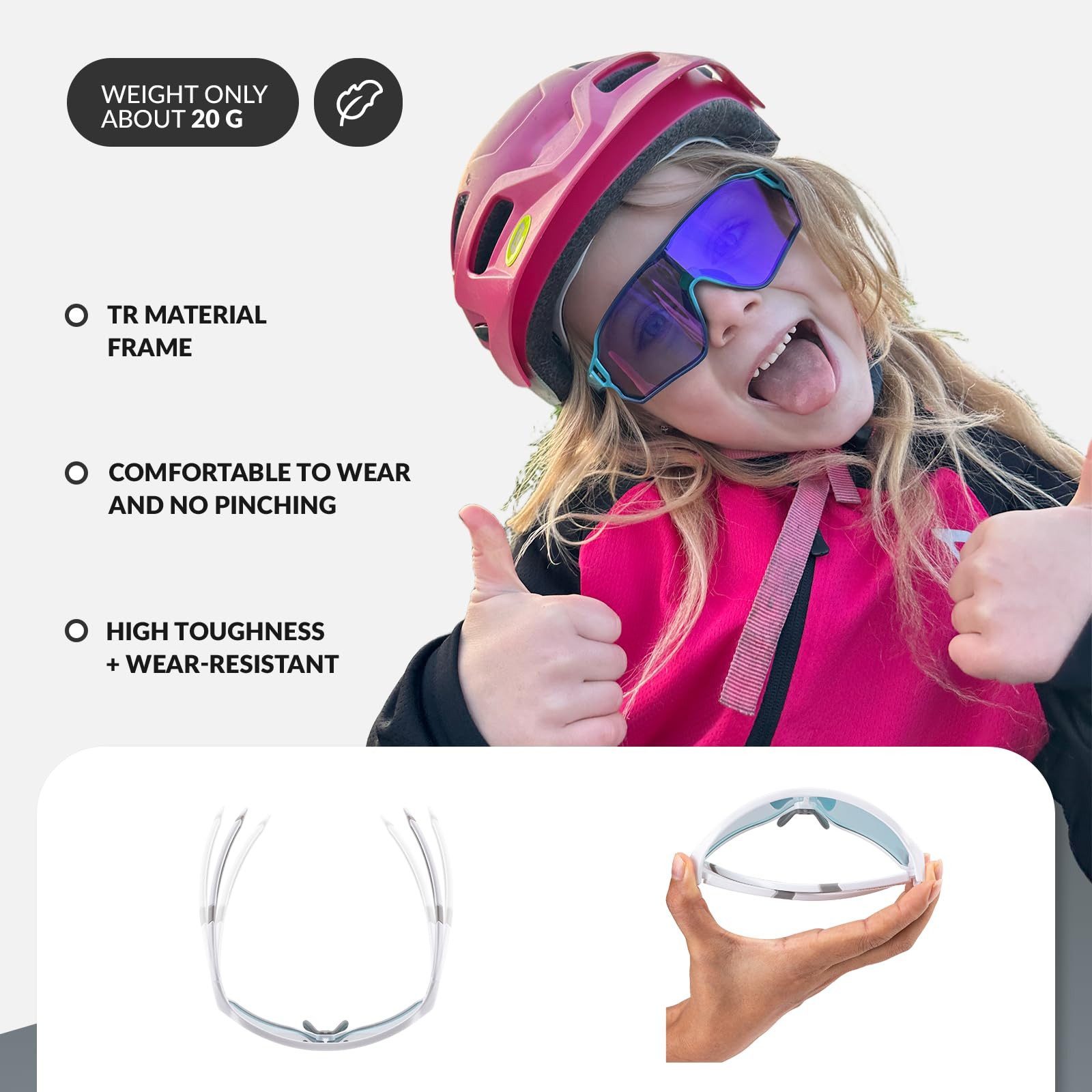 ROCKBROS Fahrradbrille Sportbrille Kinder Jugendliche Outdoor Radfahren TR90 Rahmen, selbsttönend, UV400 Schutz, photochrome Gläser, leicht, rutschfest