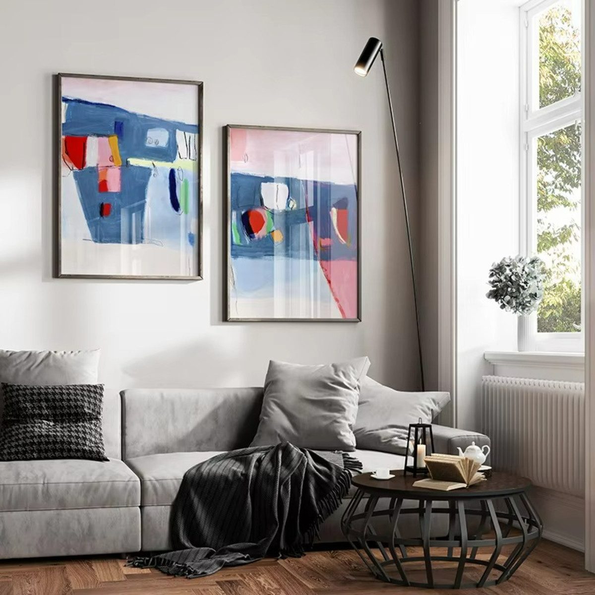 TPFLiving Kunstdruck (OHNE RAHMEN) Poster - Leinwand - Wandbild, Mid Century Modern in Blau und Pink Akzent Abstrakte Leinwand (Leinwandbild XXL), Farben: Blau, Rosa, Rot, Gelb, Grün, Weiß -Größe: 20x30cm