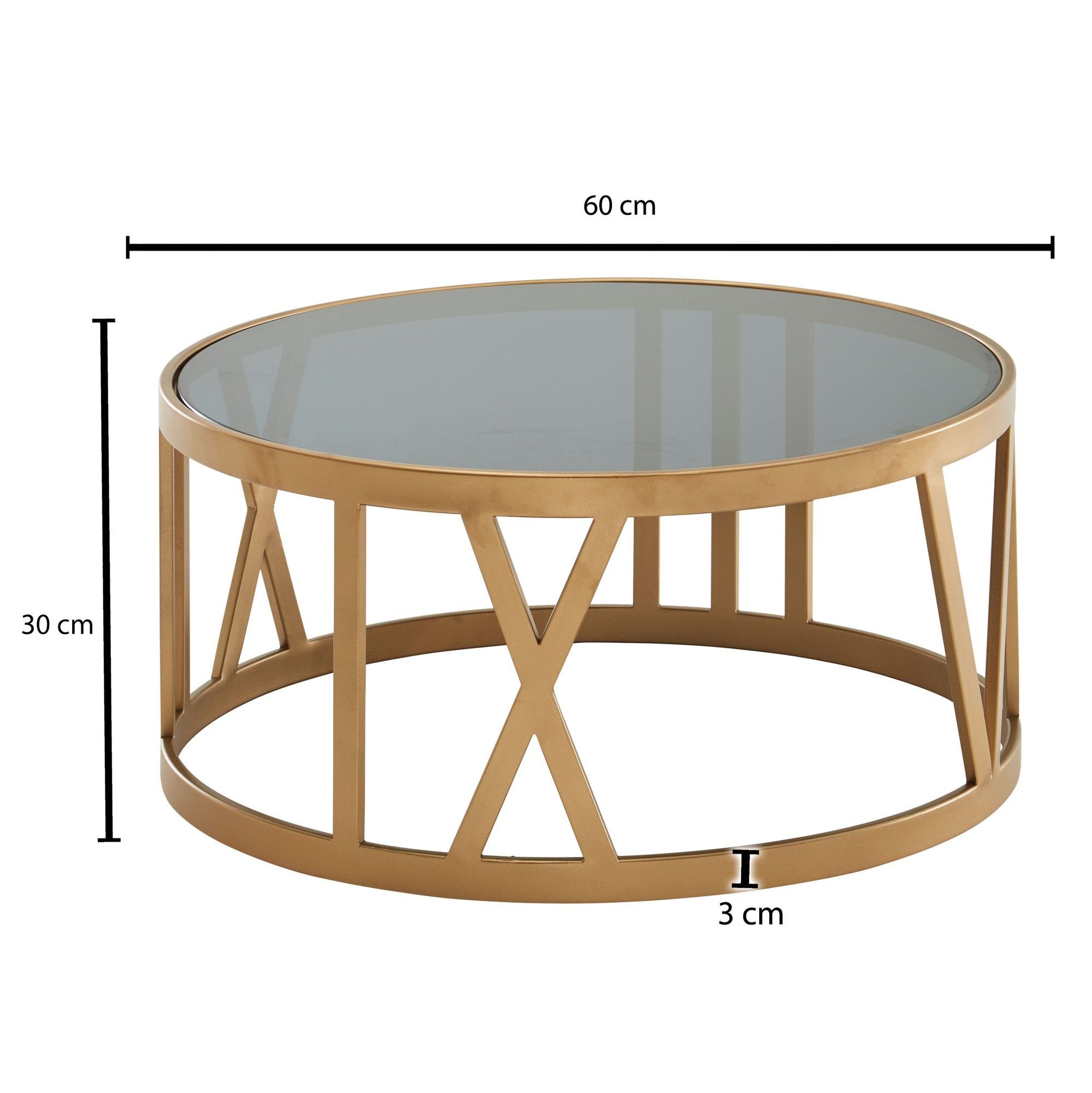 Glas Tisch Couchtisch Rund), Sofatisch Wohnzimmertisch Wohnling (60x60x30 Gold, cm Wohnzimmer Metall Kaffeetisch, WL6.676