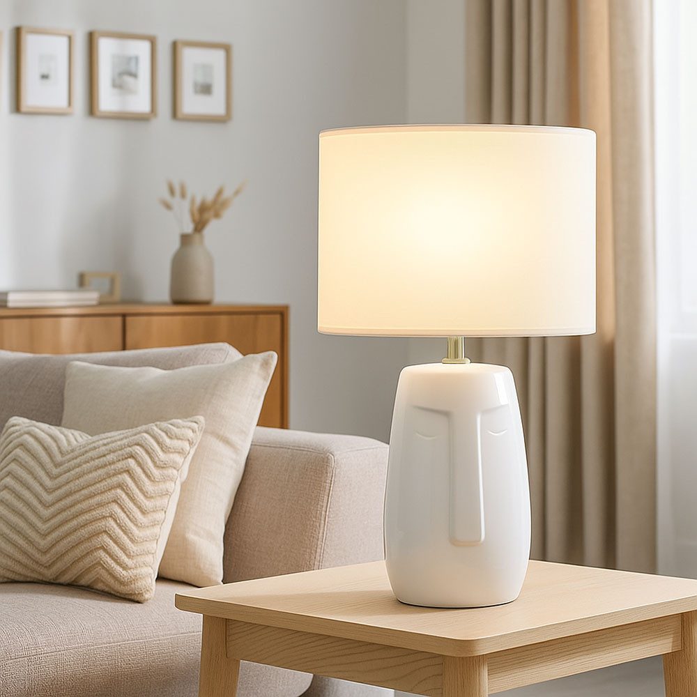 FISCHER & HONSEL Schreibtischlampe, Leuchtmittel nicht inklusive, Tischlampe Leseleuchte Keramik Stoff weiß E14 H 39 cm