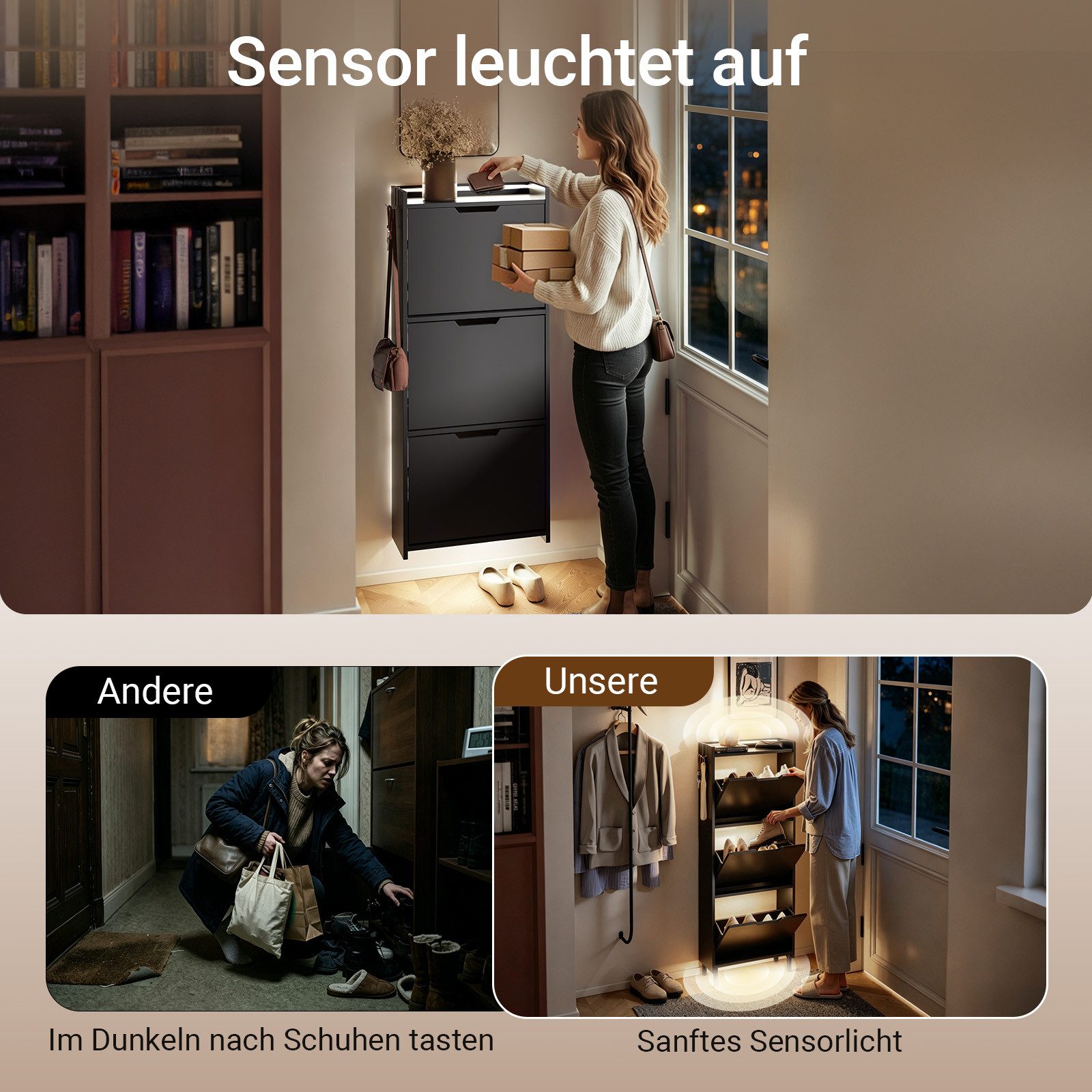 SoBuy Schuhschrank FSR151-H-E, Schuhschrank schmal, Schuhregal Schuhkipper Flurschrank Schuhschrank hängend, mit Sensorlicht, 3 Klappen, Schuhaufbewahrung