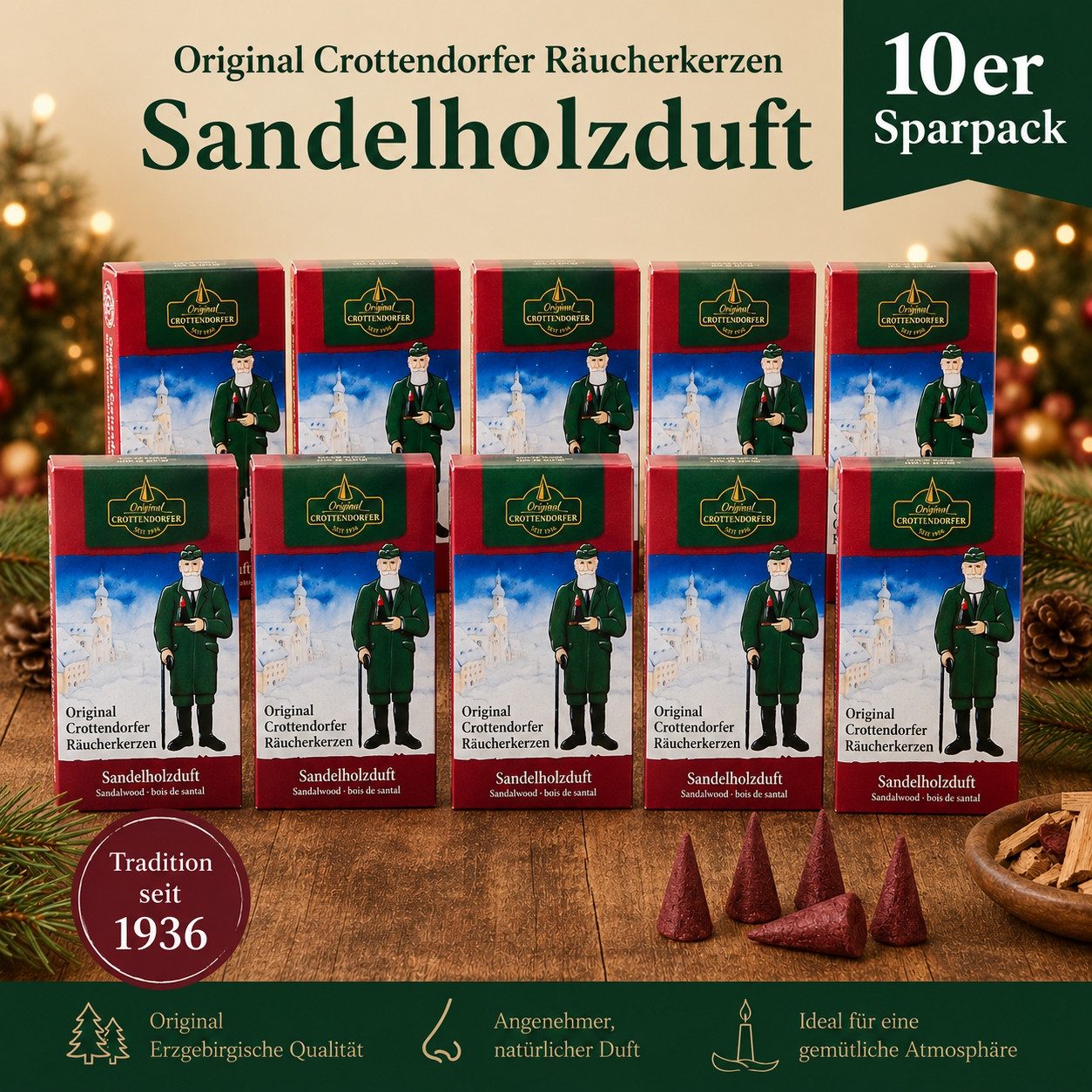Crottendorfer Räucherkegel Crottendorfer Räucherkerzen 10er-Pack Sandelholz (Packung, 10-St., Vorteilspack), 100% Made in Germany