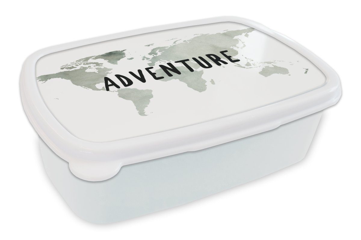 MuchoWow Lunchbox Weltkarte - Aquarell - Zitat, Kunststoff, (2-tlg), Brotbox für Kinder und Erwachsene, Brotdose, für Jungs und Mädchen weiß