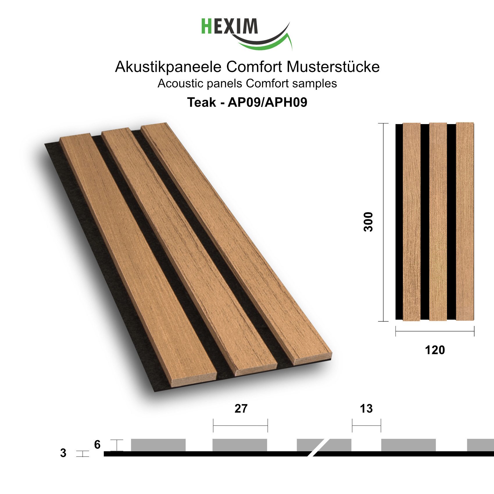 Hexim Wanddekoobjekt Teak (Akustikpaneele Musterstück - flexible Lamellenwand Holz MDF Wandpaneele Lamellenverkleidung Wandverkleidung Innendekoration schalldämmend (Teak - AP09 / APH09 Musterstück)