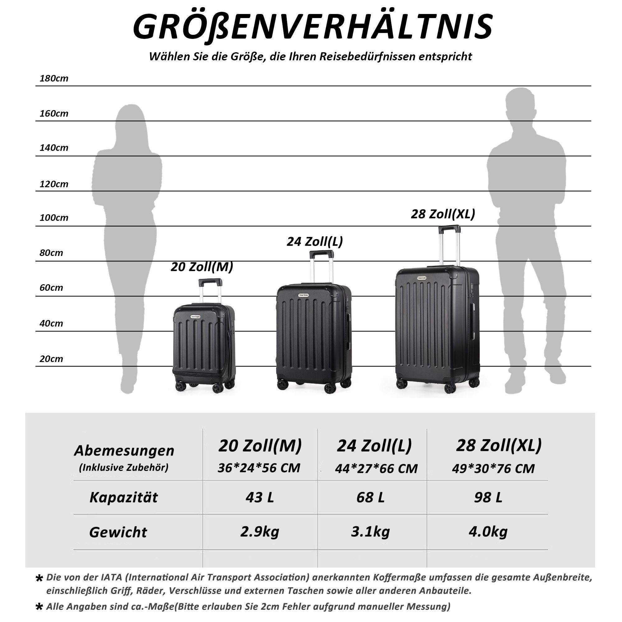 TAN.TOMI Kofferset 3-Tlg ABS Handgepäck Koffer-Set Rollkoffer Reisekoffer, 4 Rollen, Reisetrolley Leicht mit 4 Rollen 360° Große Kapazität Trolley