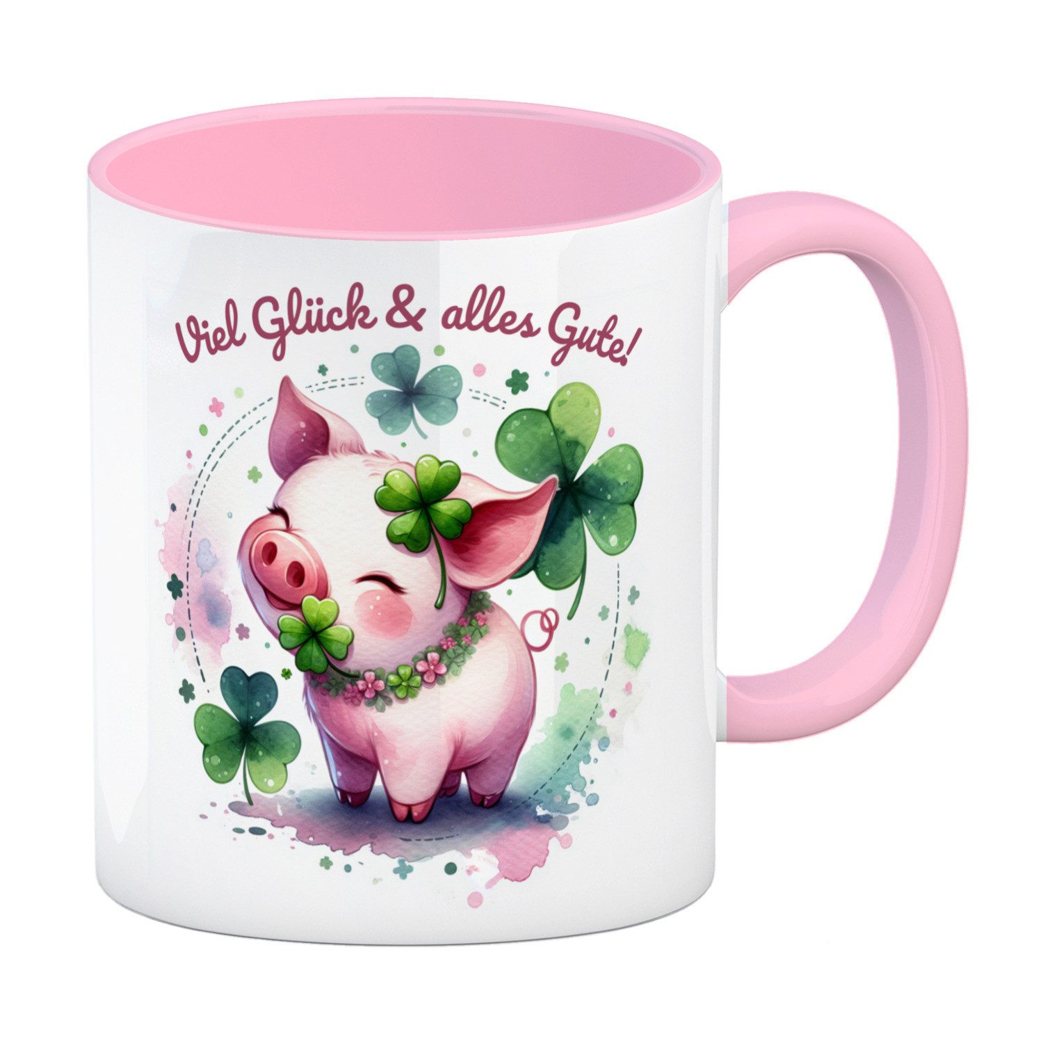 Tasse Glücksschwein Kaffeebecher in rosa mit Spruch Viel Glück & alles