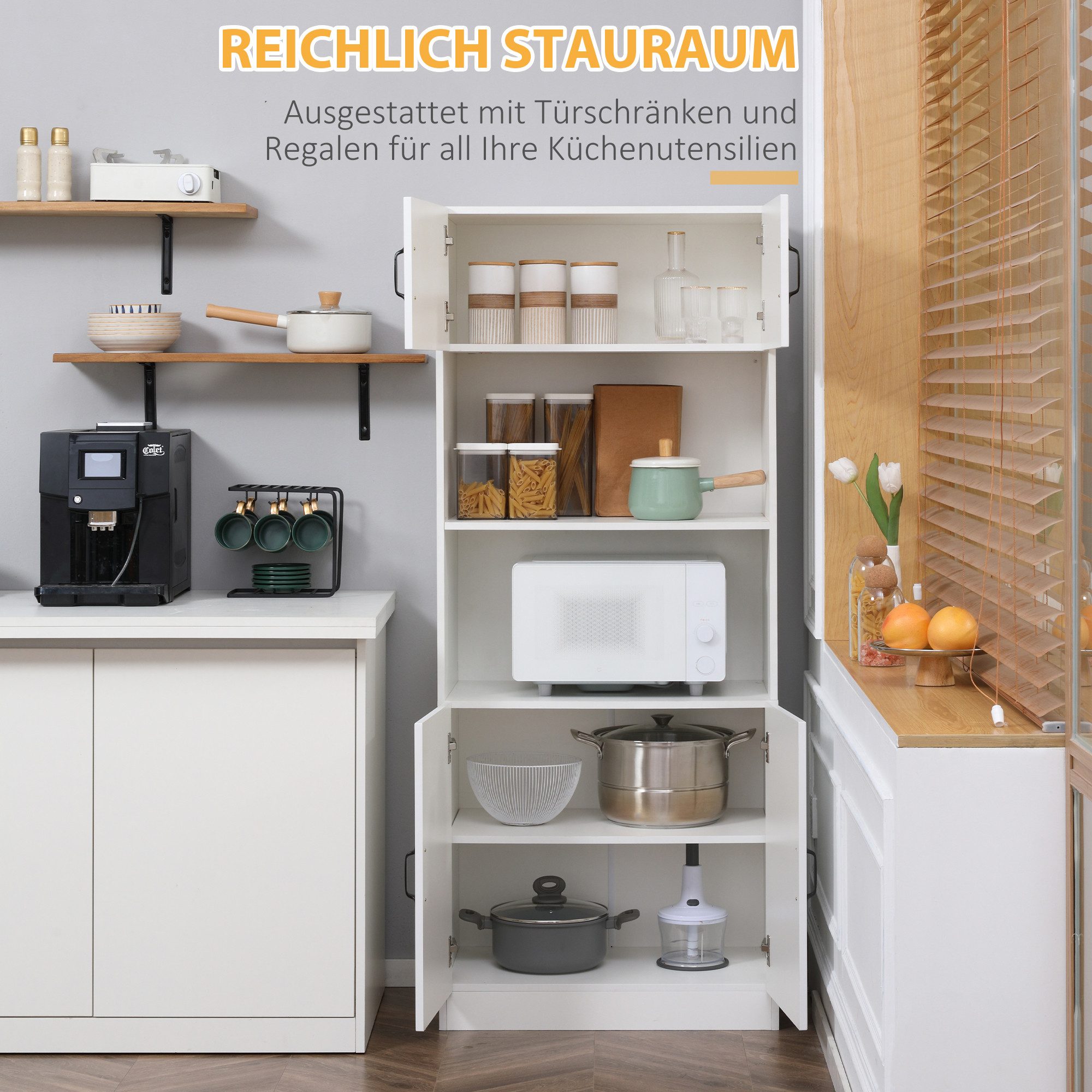 HOMCOM Küchenbuffet Küchenschrank Hochschrank,verstellbaren Regalböden,Mikrowellenregal (Hochschrank, 1-St., Esszimmerschrank) Anti-Kipp-Gurt Landhausstil Weiß – Bild 4 von 5