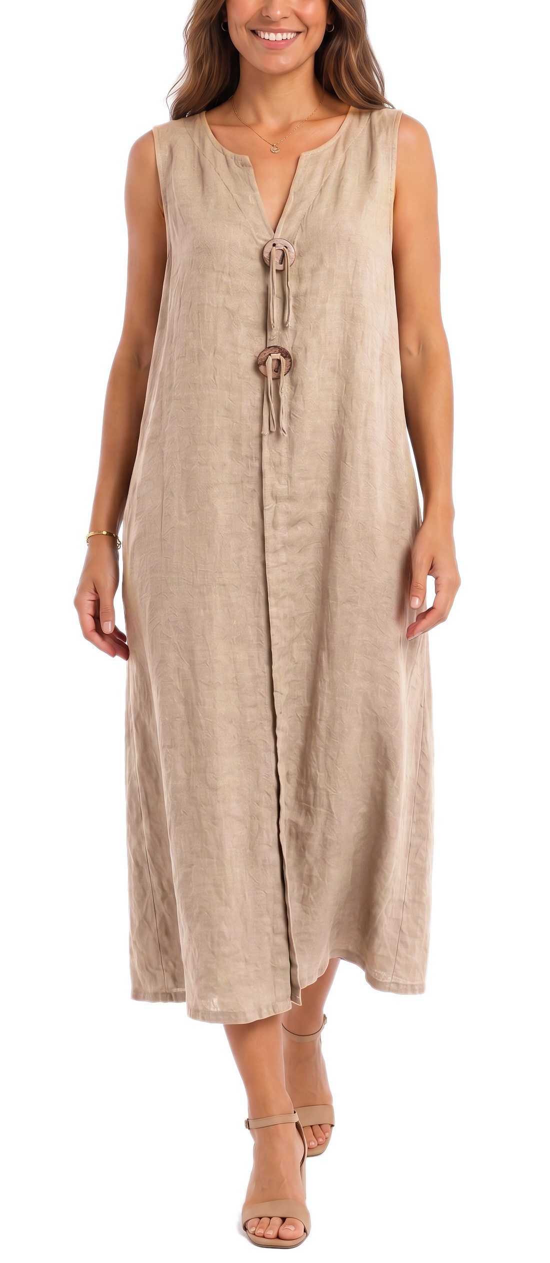 dy_mode Sommerkleid Damen Leinenkleid Luftiges Maxi Sommerkleid Strandkleid Damenkleid in Unifarbe, V-Ausschnitt, mit seitlichen Eingriffstaschen