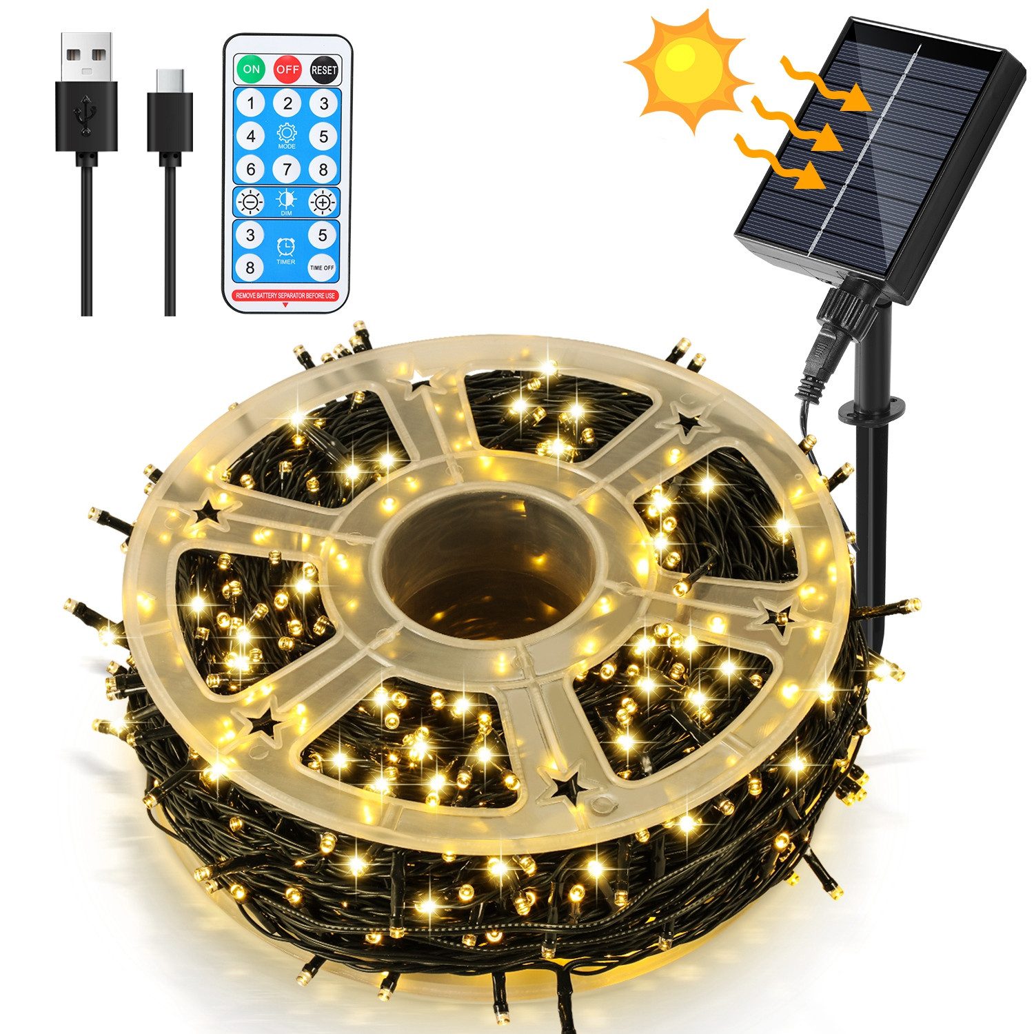 Clanmacy LED-Lichterkette 50M 500 LED Solar Lichterkette Solarleuchte Außen Garten Warmweiß, Wasserdicht