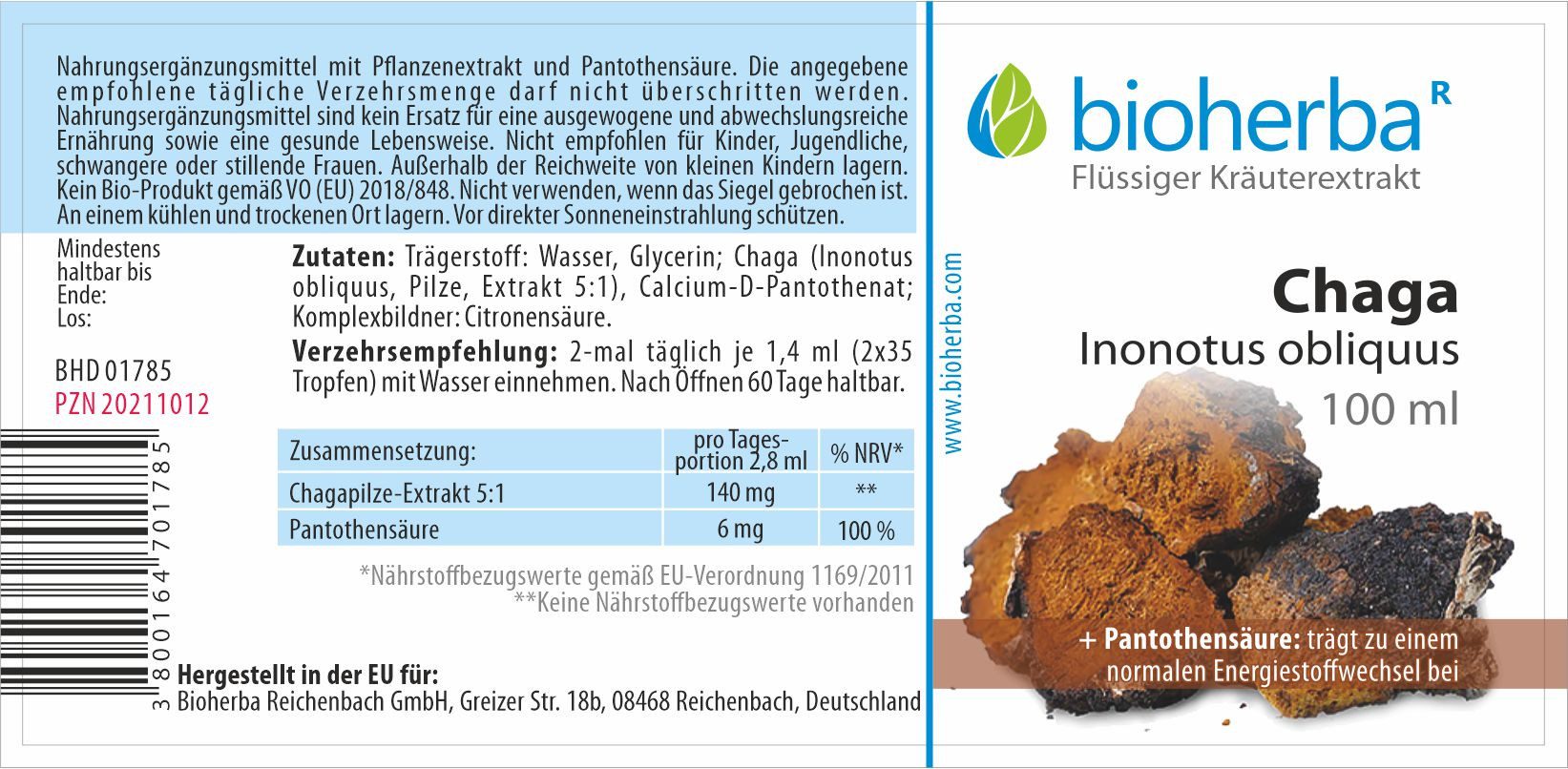 BIOHERBA R Bioherba Chaga Inonotus obliquus Tropfen Tinktur 100 ml Nahrungsergänzungsmittel, 1 er