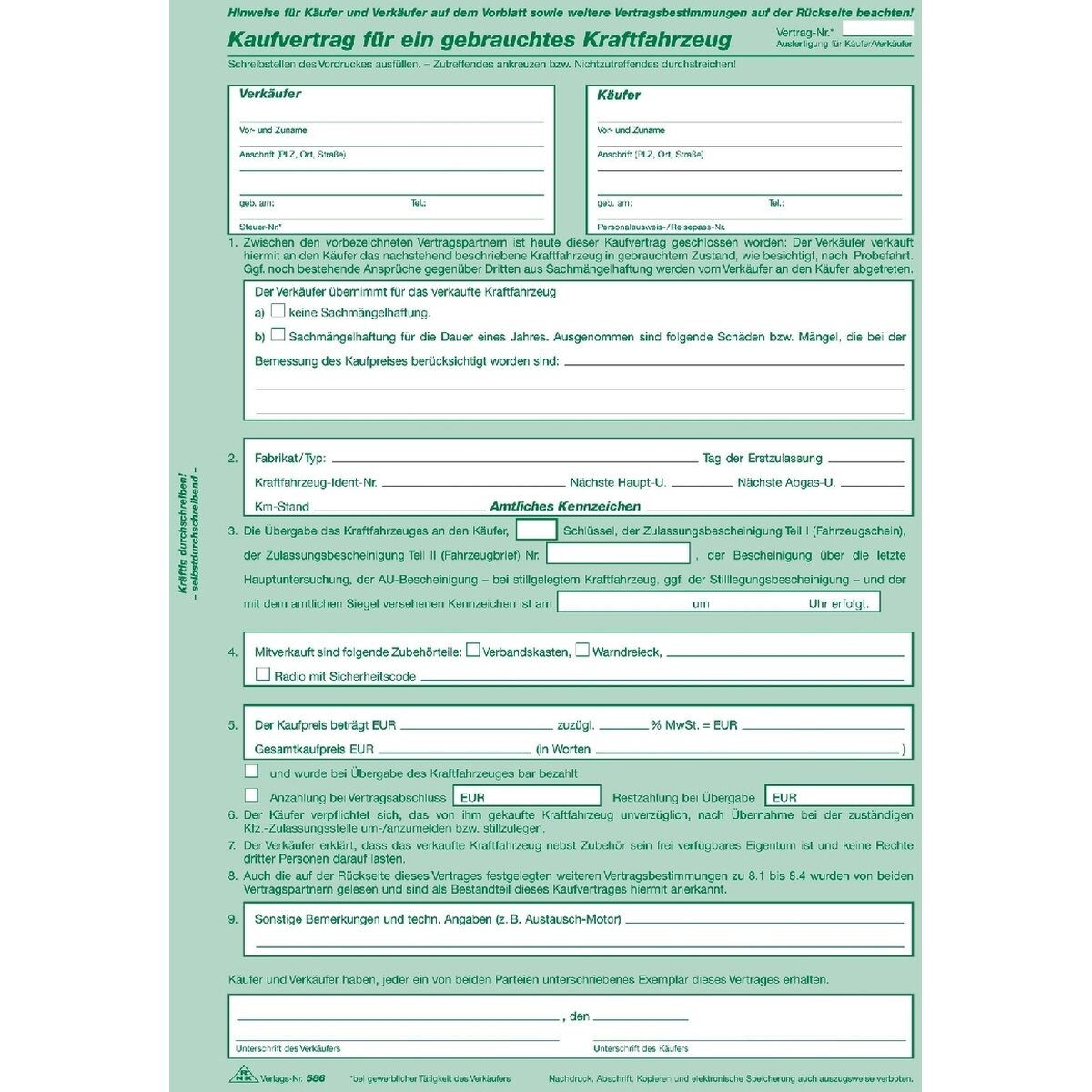 RNK Verlag Formularblock Kaufvertrag für gebrauchte Kfz. VE=10 Stück