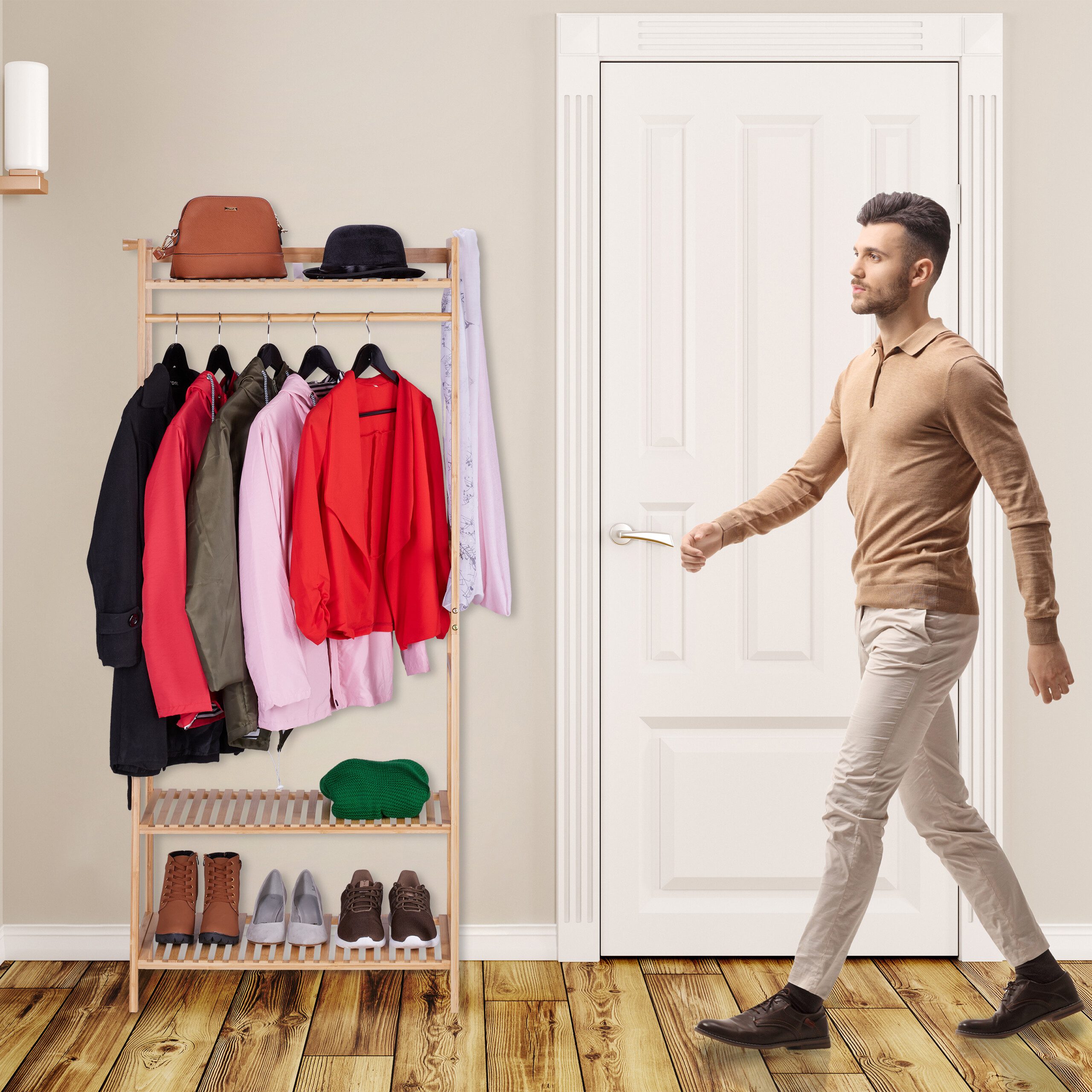 relaxdays Kleiderständer Bambus Kleiderständer mit 3 Ablagen