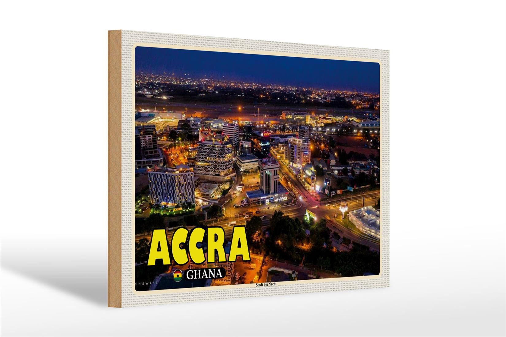 Femer GmbH Holzbild Reise 30x20cm Accra Ghana Stadt bei Nacht, (1 St), Glatte Holzfaserplatte (MDF), vorn beschichtet