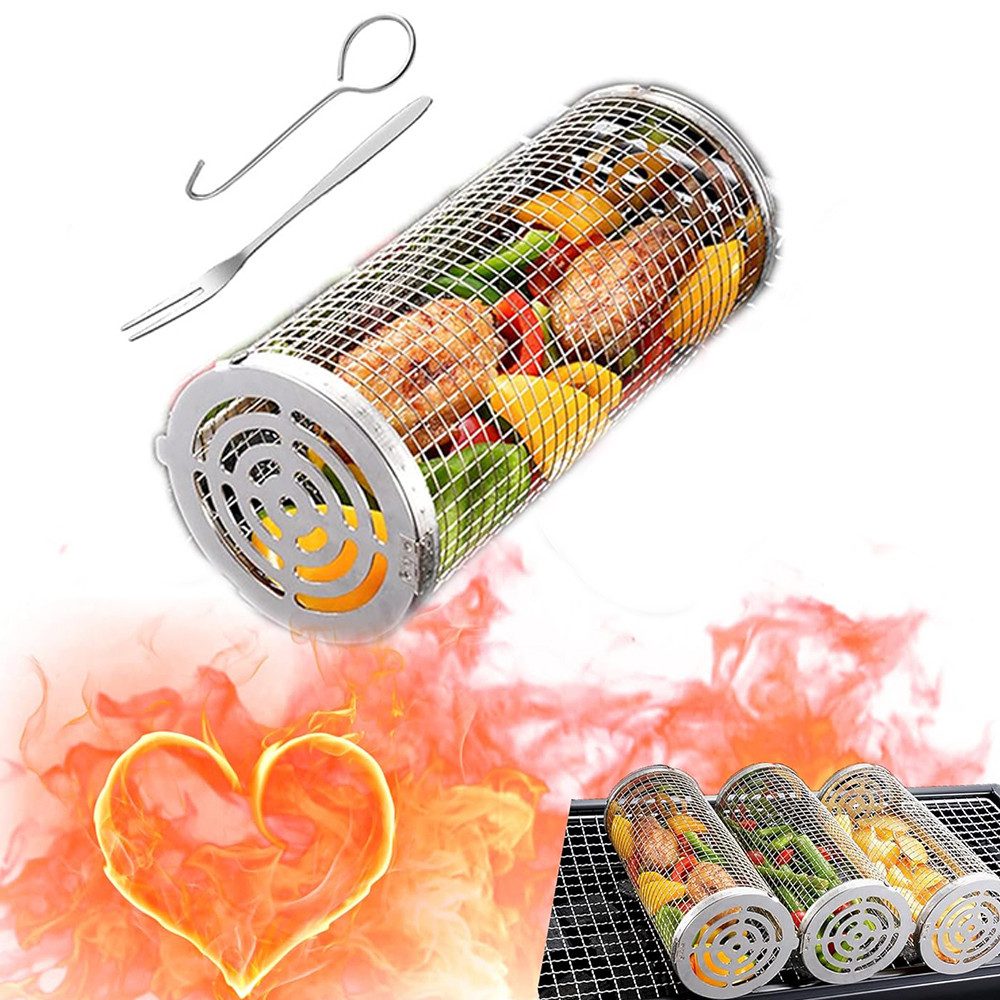 Coonoor Grillplatte Rolling Grill Korb für Grill,Edelstahl Barbecue Tools Käfige Set (1-St), für Camping Picknick BBQ, Gemüse Fleisch Garnelen Fisch
