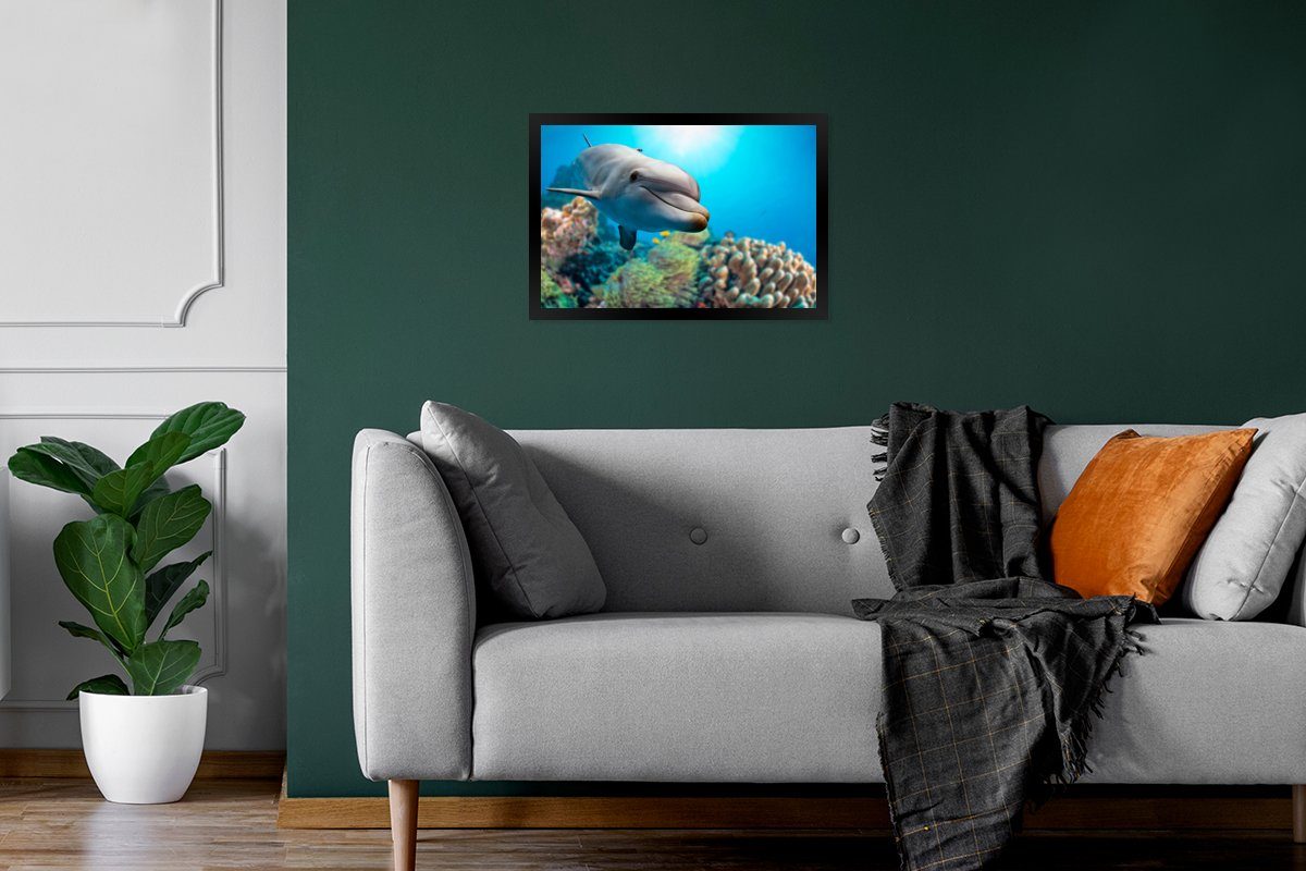 Koralle, Bilderrahmen - Poster, St), Bilder, Gerahmtes Meer Wanddeko, (1 Schwarzem Wandposter, - MuchoWow Poster Delfin