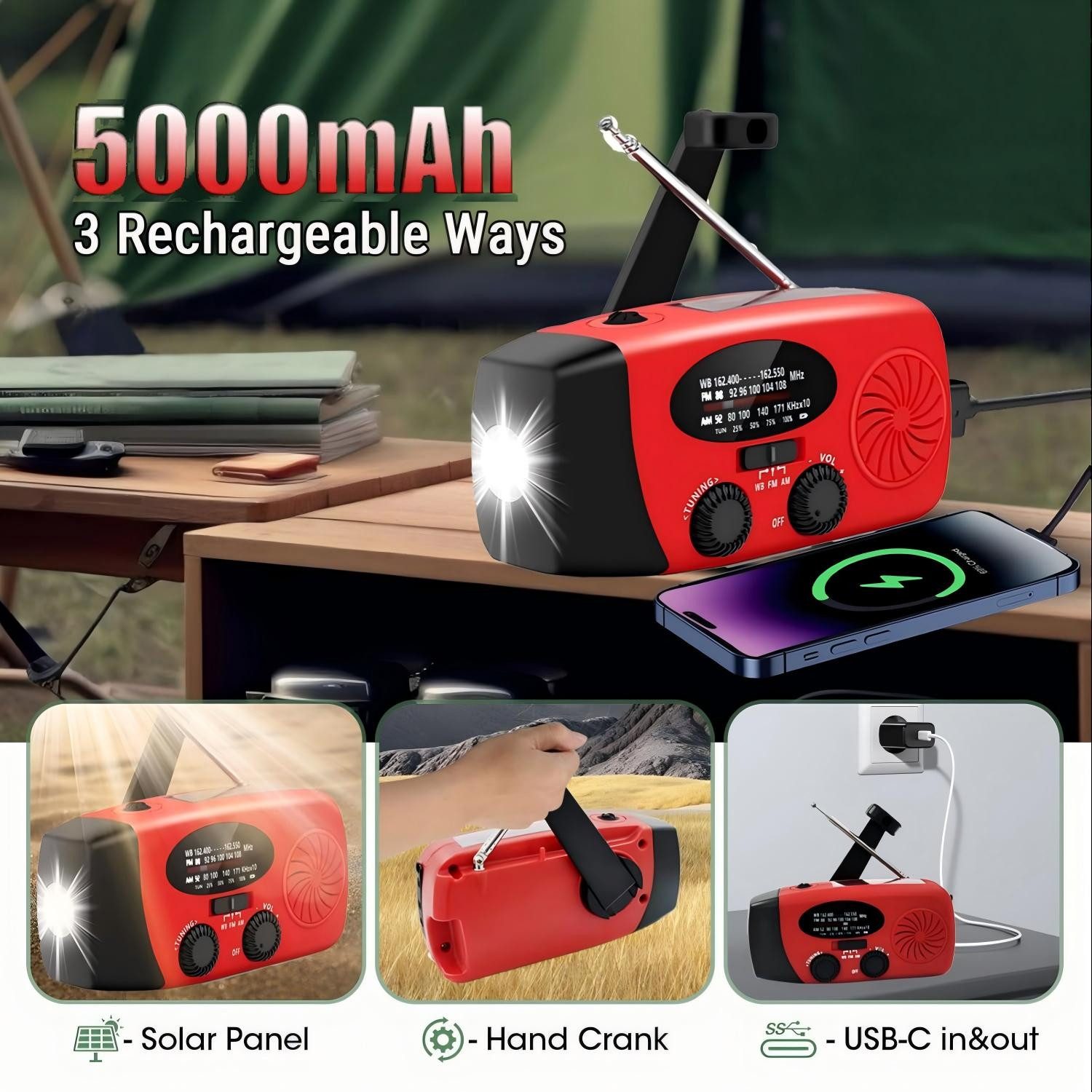 Forrlite Notfallradio, Solar Radio, Tragbares Radio, AM/FM/NOAA Kurbelradio Notfallradio (Led Taschenlampe, SOS-Alarm, handy ladefunktion, für Camping, Ourdoor)
