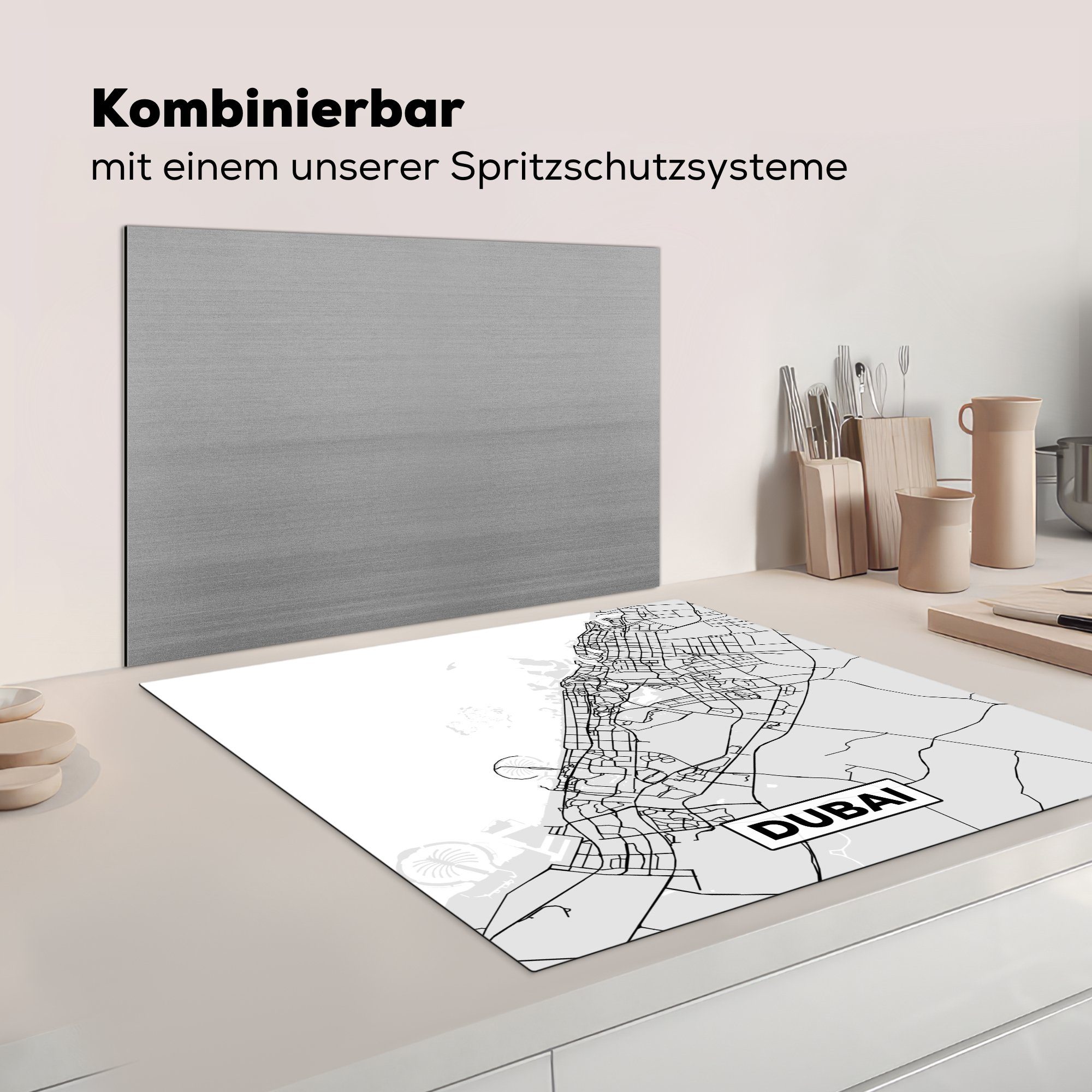 Schwarz Stadtplan (1 küche Arbeitsplatte 78x78 Weiß Dubai und tlg), Herdblende-/Abdeckplatte cm, Karte, - - Vinyl, - MuchoWow für Ceranfeldabdeckung,